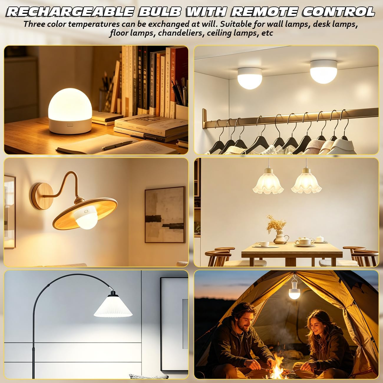Collage mit Lampen: Schreibtischlampe, Deckenleuchten, Wandleuchte, Hängeleuchte, Stehleuchte, Zelt.