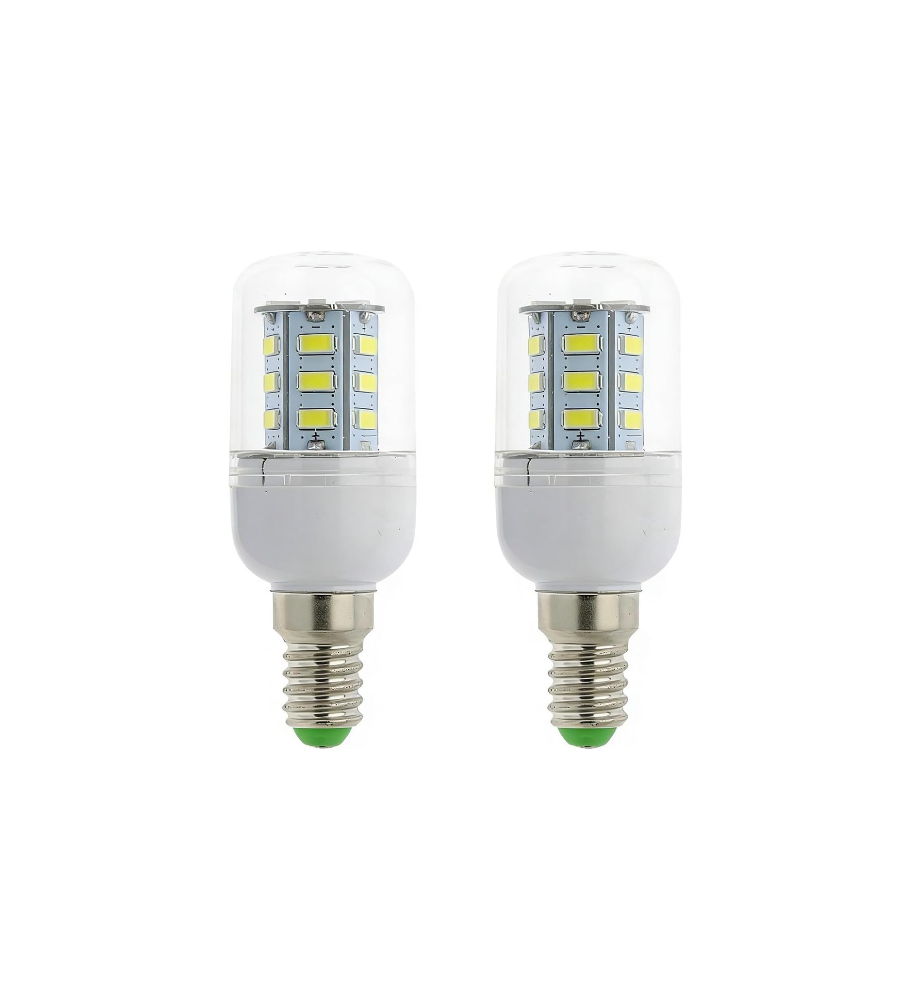 Zwei weiße LED-Lampen mit durchsichtigem Gehäuse und Schraubsockel.