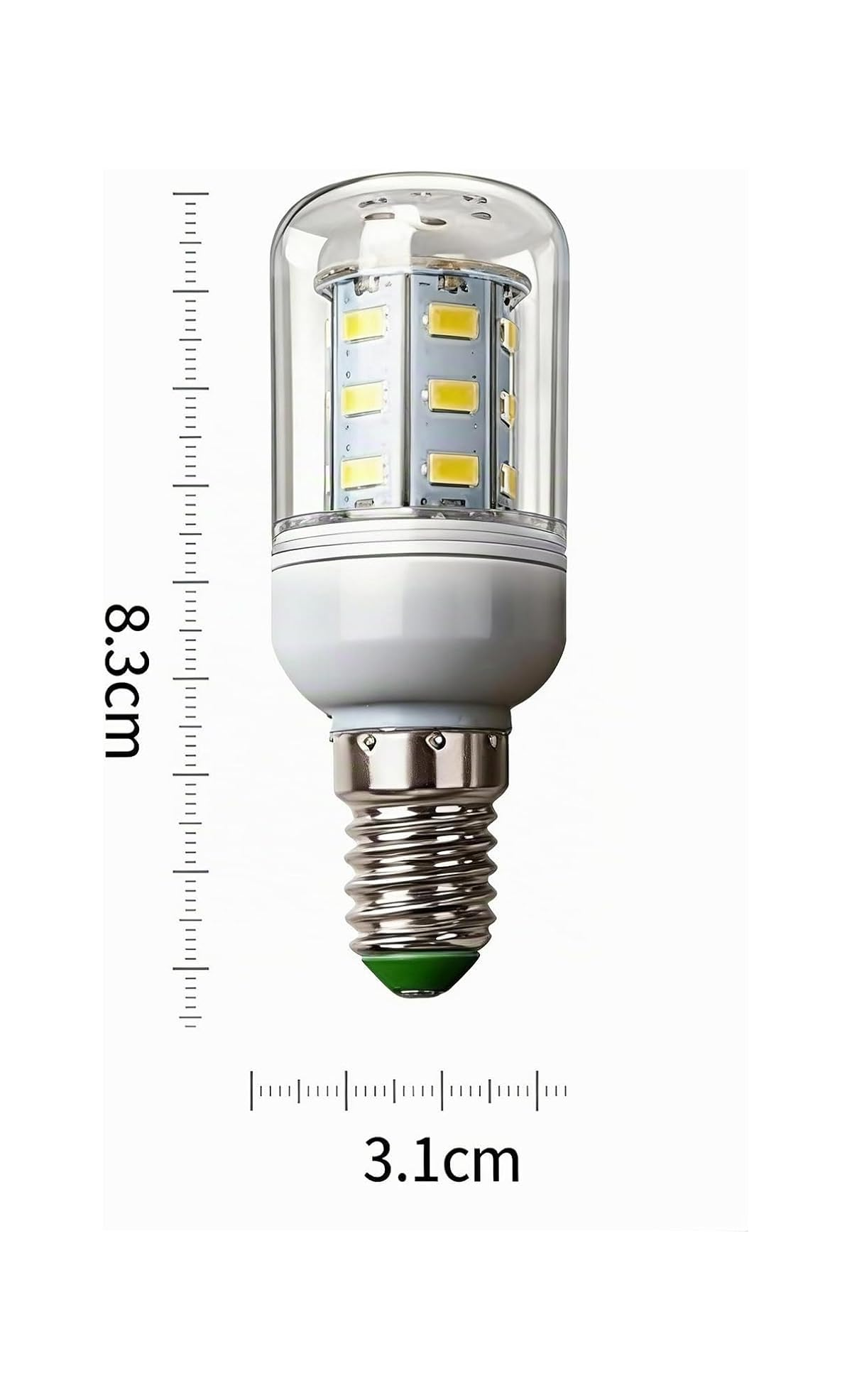 Eine LED-Lampe mit Glaskolben, Metallgewinde und sichtbaren LEDs.