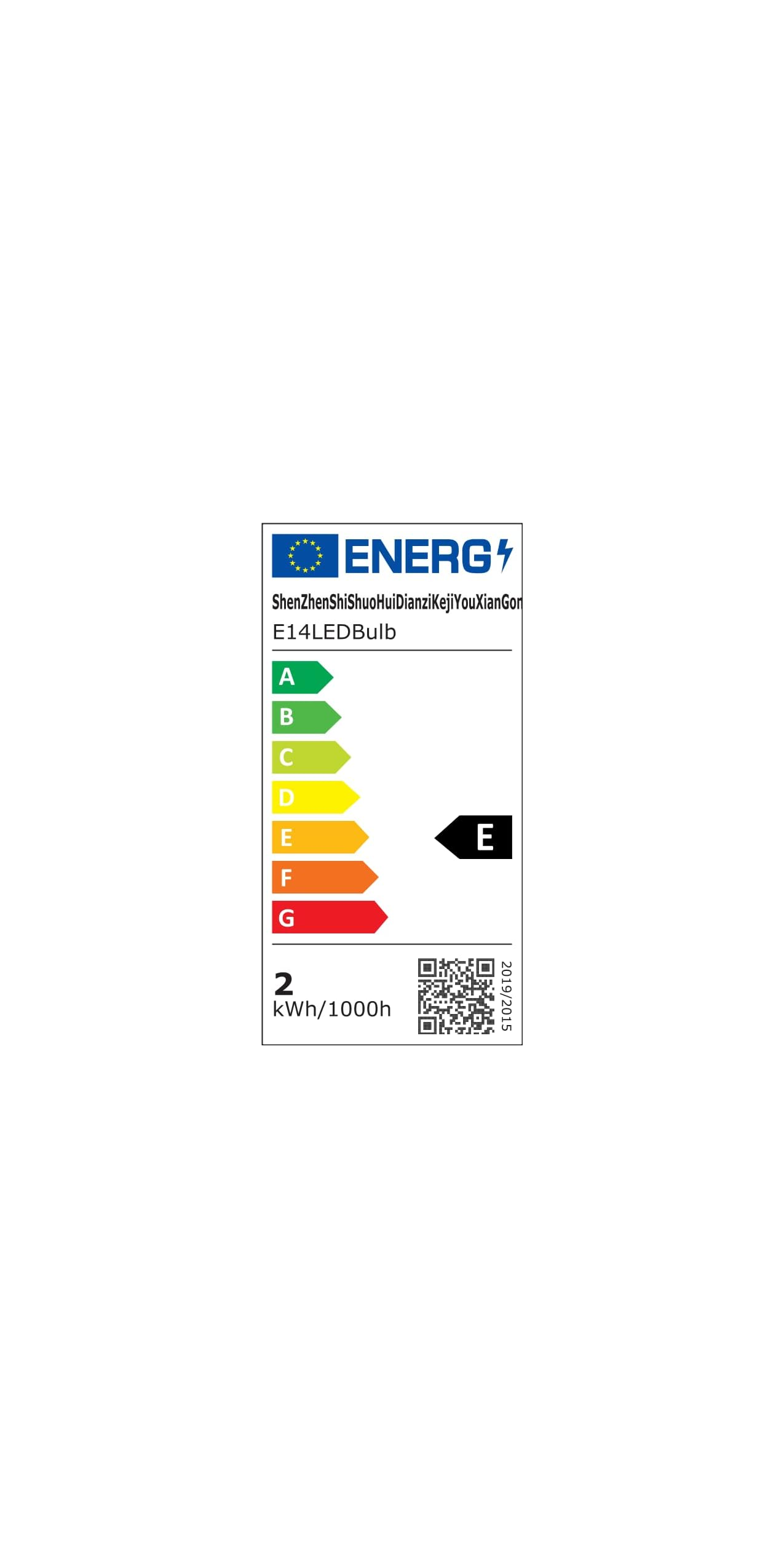 Energielabel für E14 LED-Birne, Klasse E. Zeigt Energieklassen A-G.