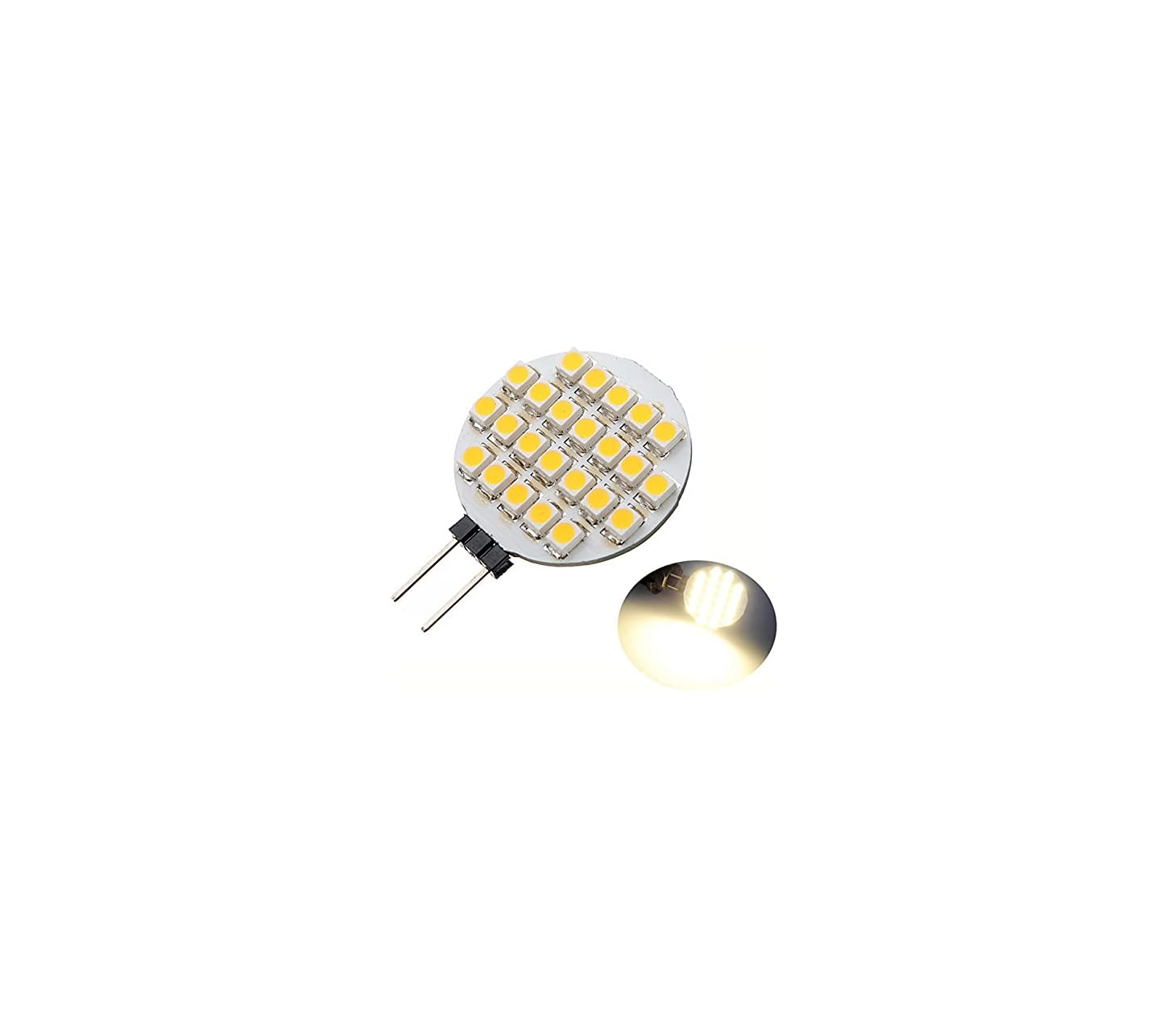 Eine runde LED-Lampe mit 2 Stiften und vielen kleinen gelben LEDs.