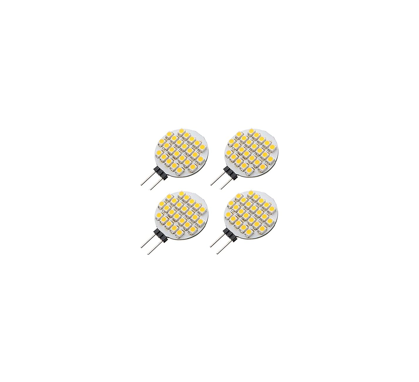 Vier kleine runde LED-Lampen mit vielen kleinen Lichtern und zwei Drähten.