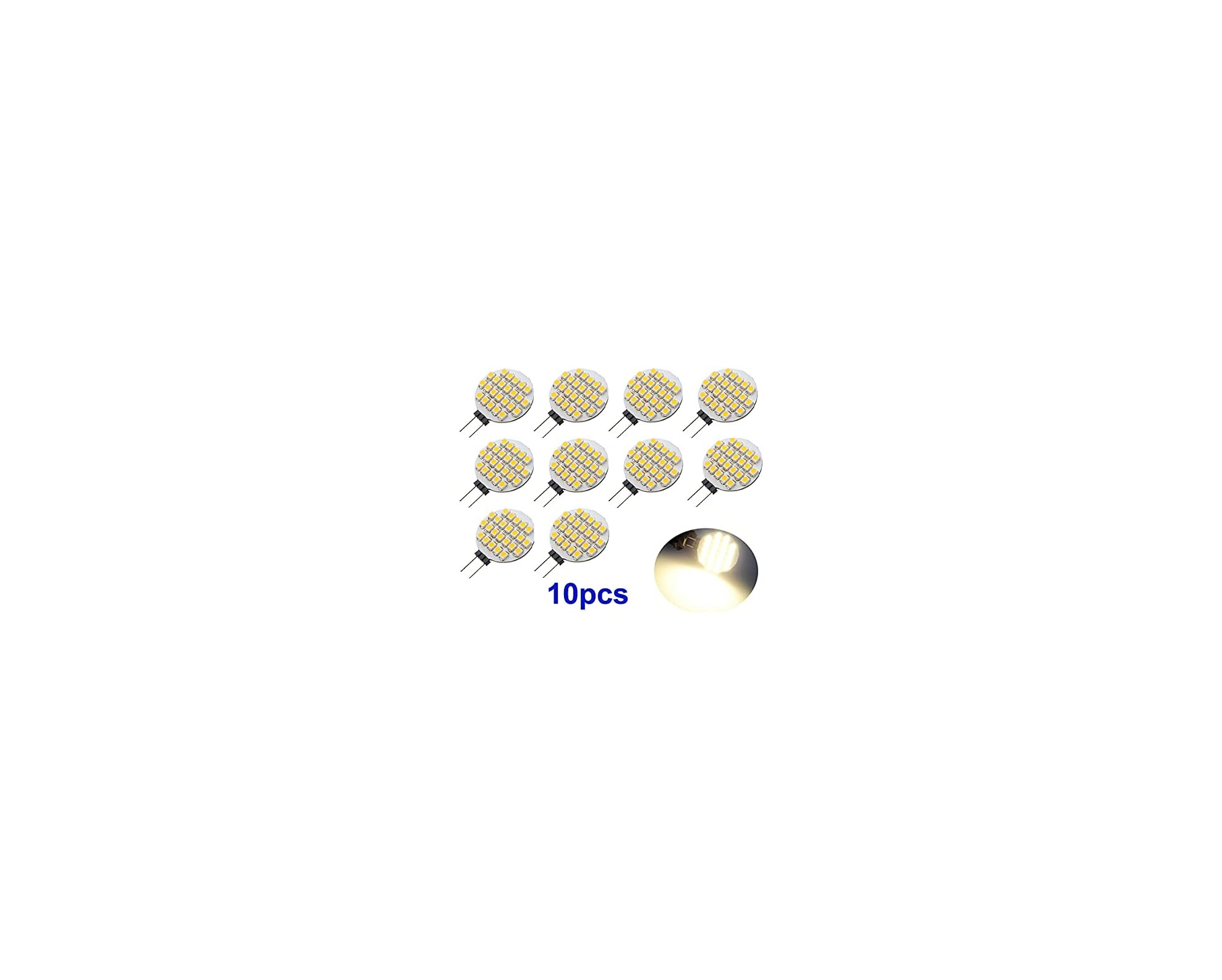 Zehn kleine, runde weiße LED-Lampen mit Stiften und eine leuchtende Birne.