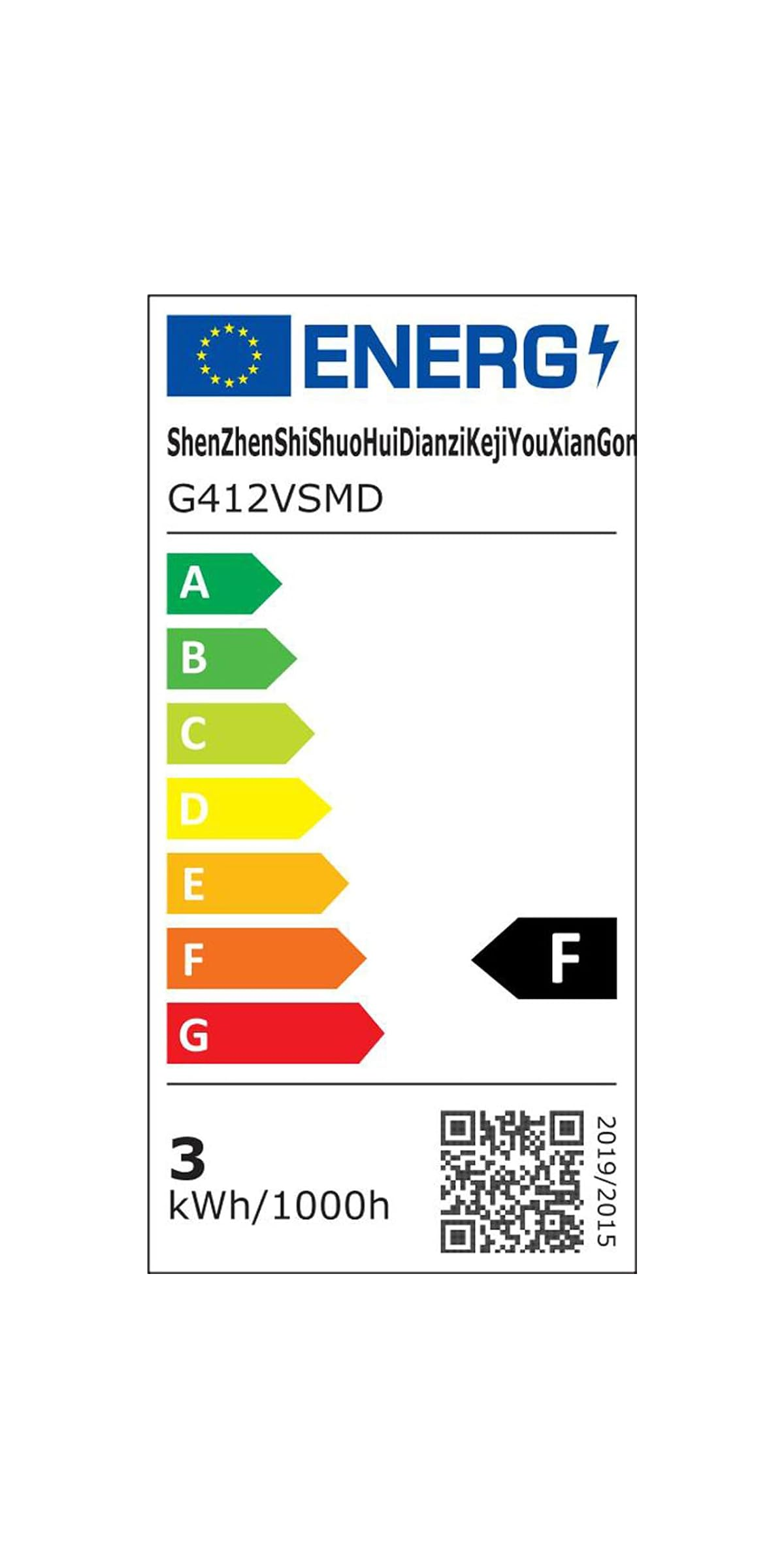 Energielabel für G412VSMD mit Klasse F. 3 kWh/1000h.