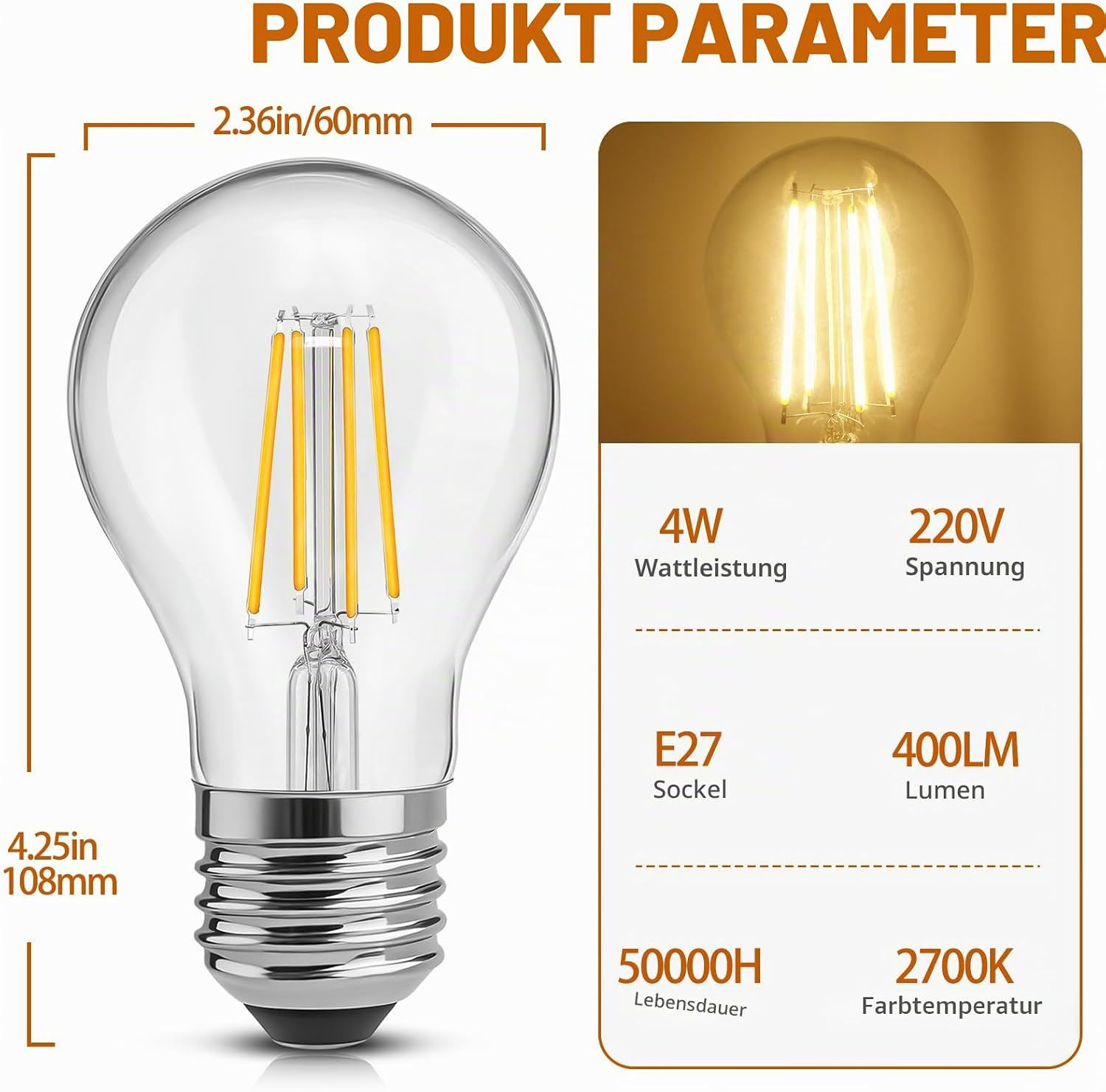 Klare Glas-LED-Birne mit Glühfaden, 10,8 cm hoch, 6 cm breit. Produktdetails aufgeführt.