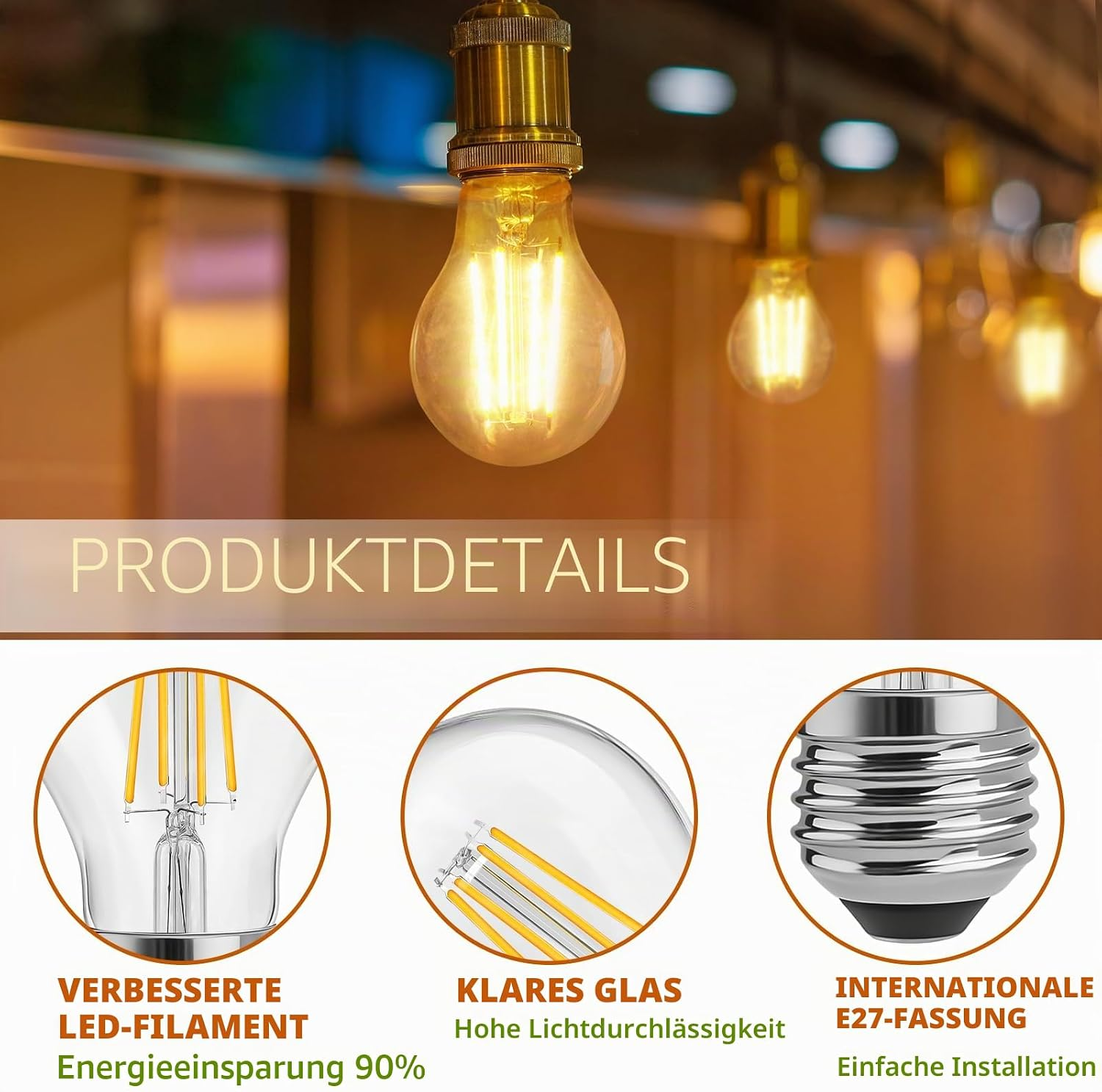 Glühbirne mit klarem Glas, LED-Filament, E27-Fassung und Energieeinsparung.