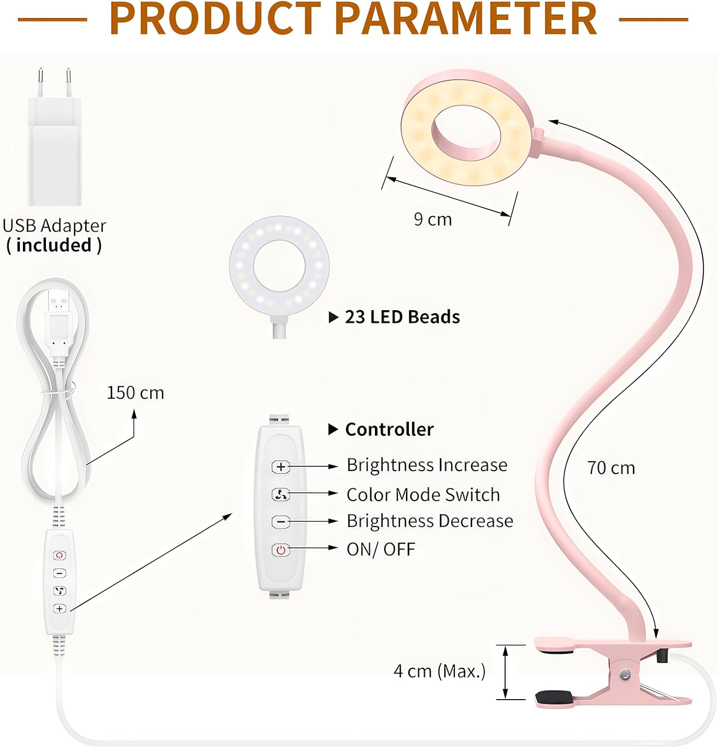 Ein pinkes Klemm-Ringlicht mit USB-Adapter, 23 LEDs, 70cm Schlauch, 9cm Ringdurchmesser.