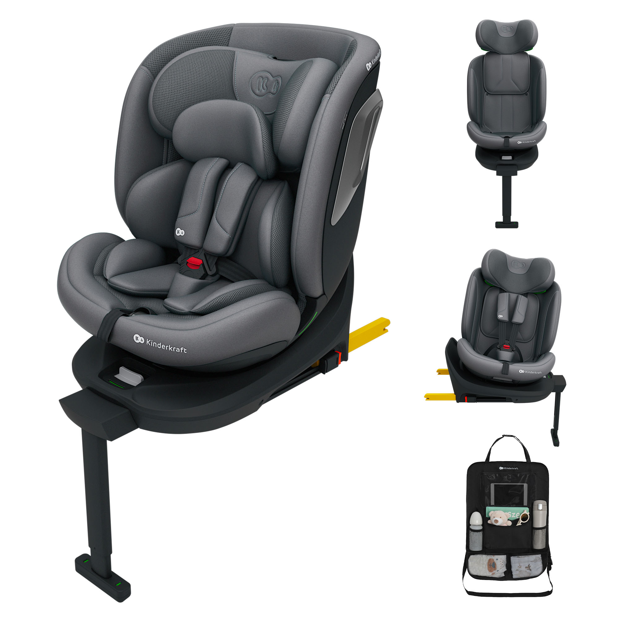 Grauer Kindersitz mit Isofix-Basis und Organizer-Tasche.