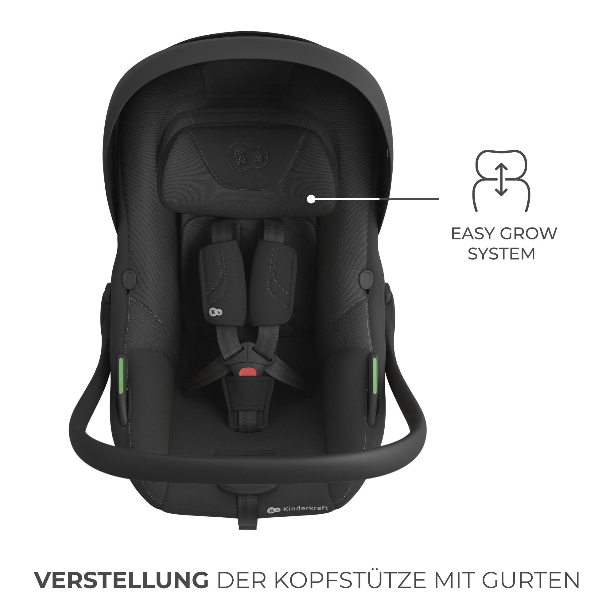 Schwarzer Kindersitz mit Gurten und Kopfstützenverstellung. "Easy Grow System"-Logo.