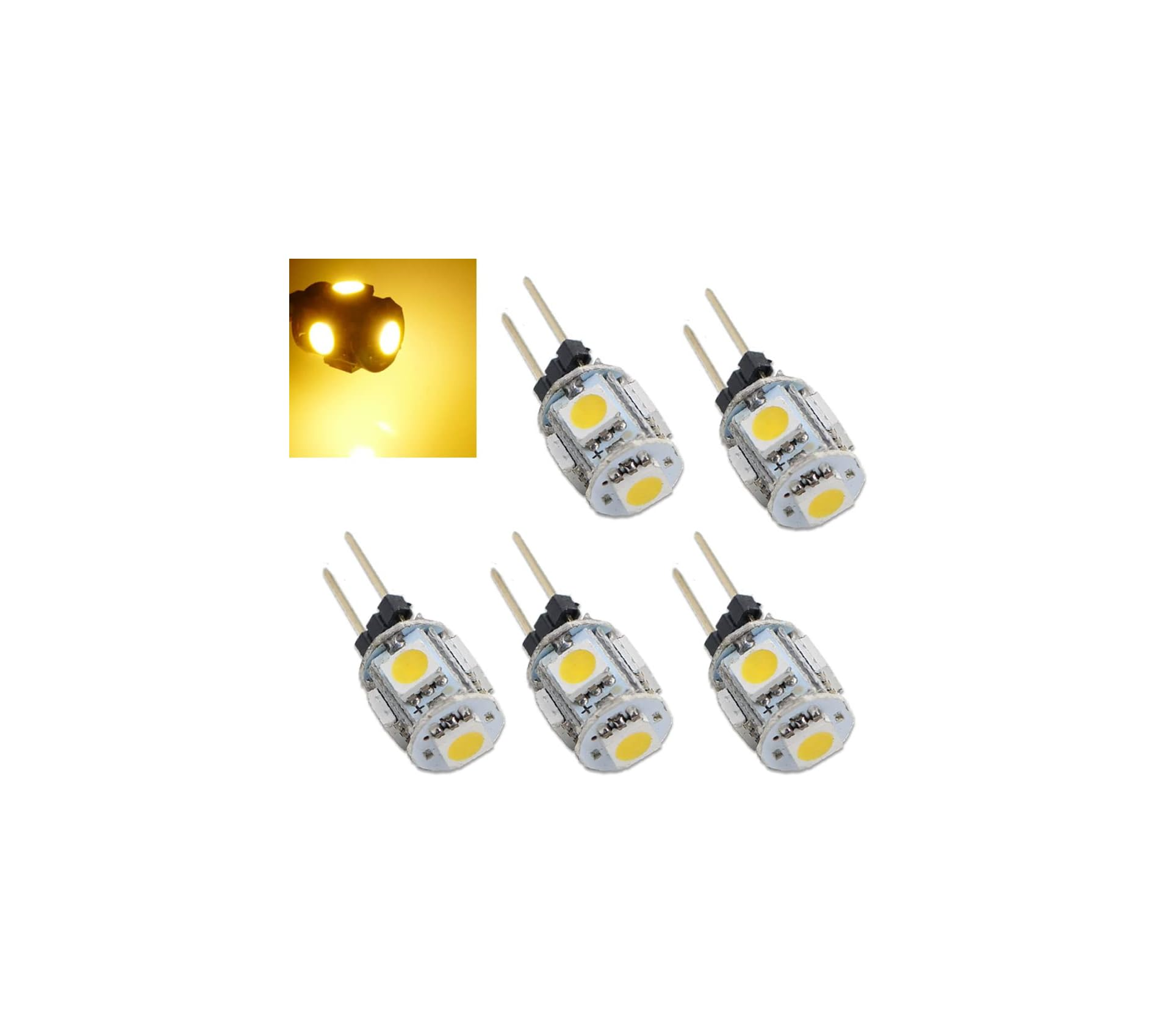 Fünf kleine gelbe LED-Lampen mit zwei Pins und ein Detailbild.