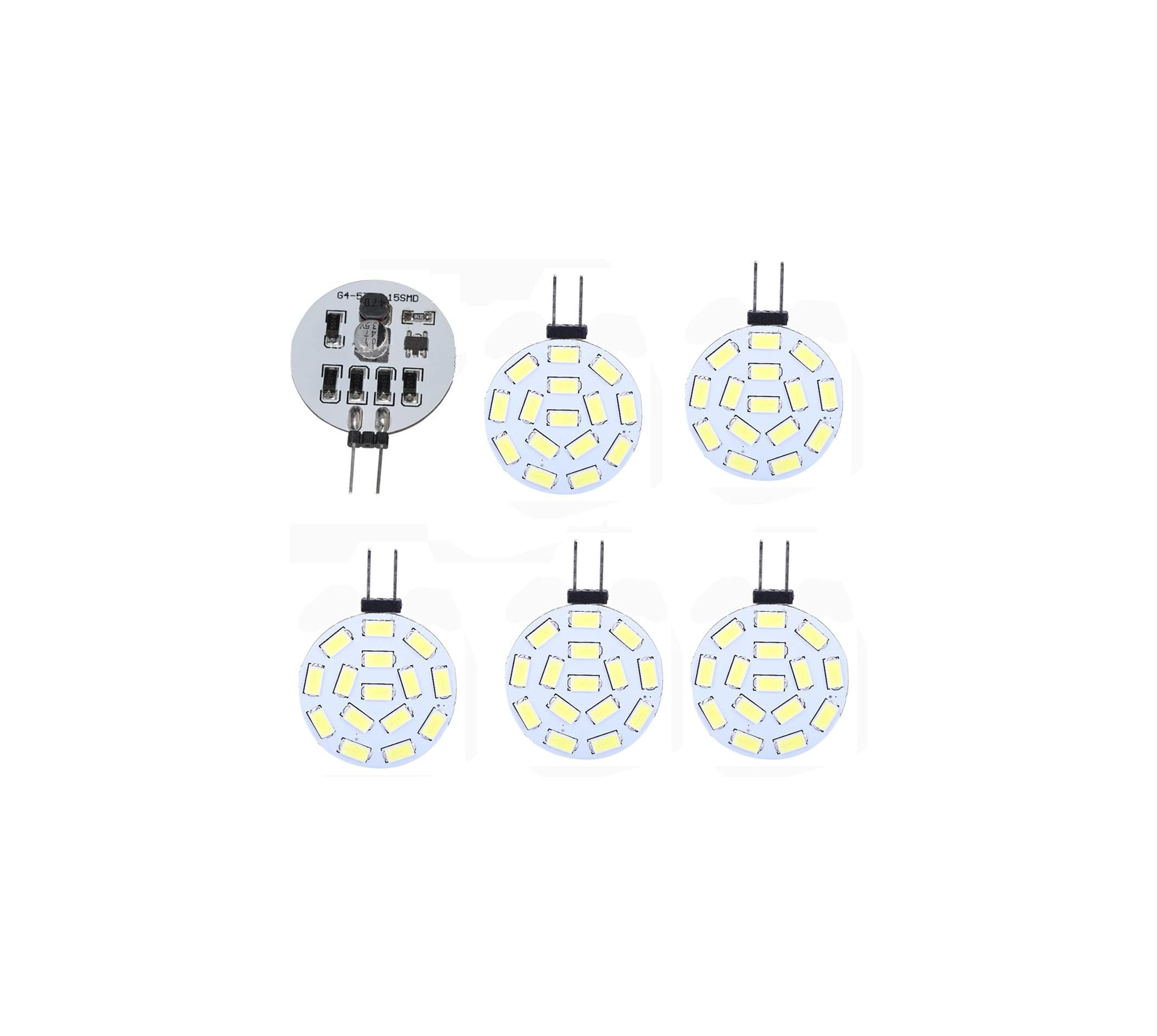 Sechs runde G4-LED-Lampen mit weißen LEDs und zwei Pins, eine mit Beschriftung.