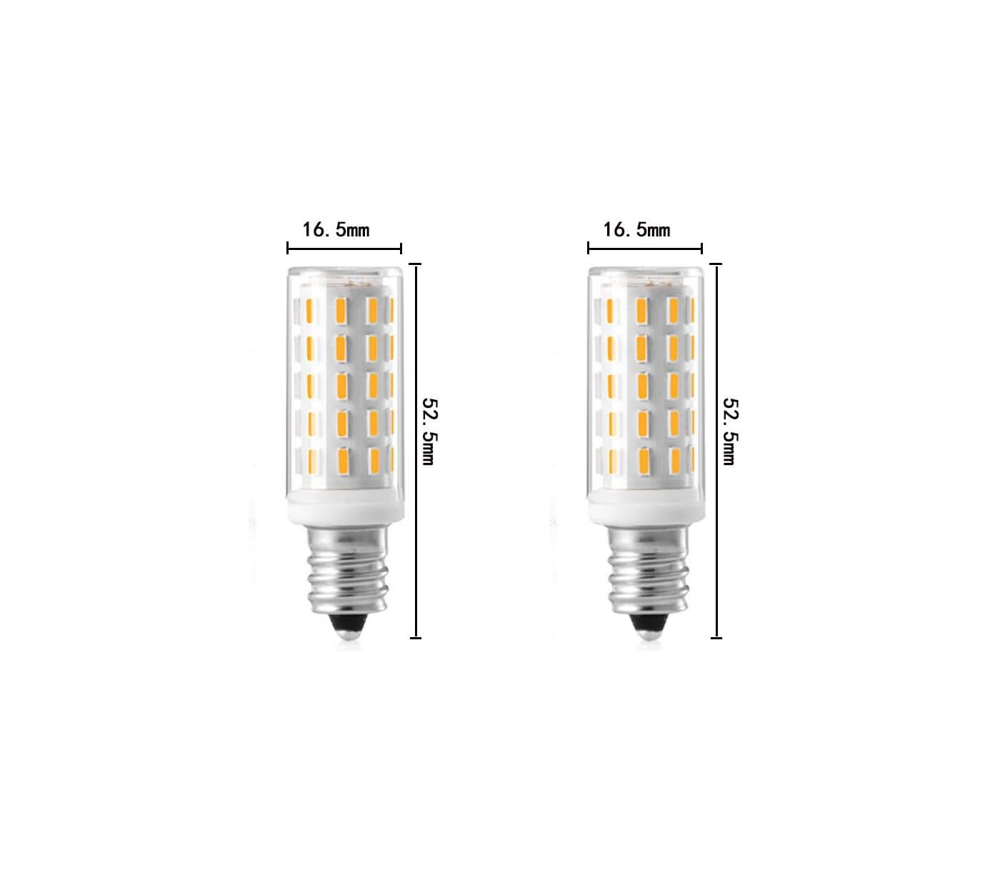 Zwei LED-Lampen mit E14-Sockel, 16,5 mm breit und 52,5 mm hoch.
