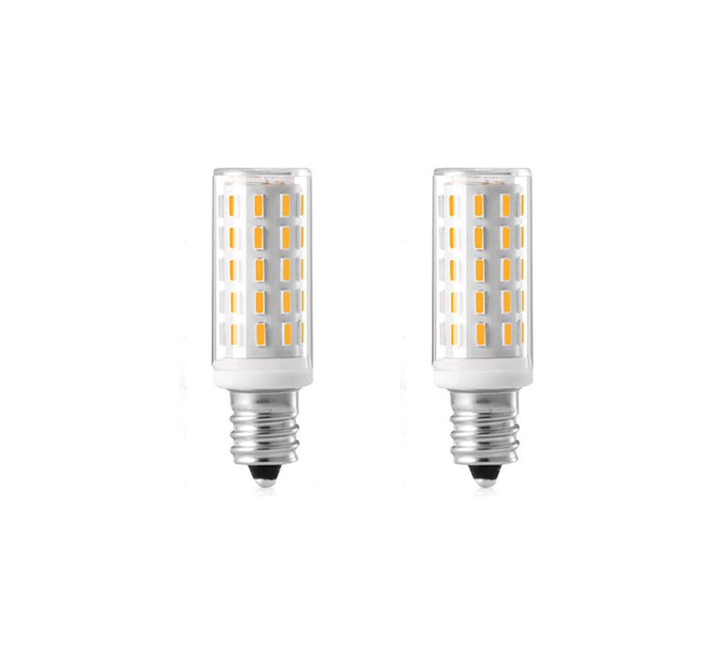 Zwei weiße LED-Lampen mit Schraubsockel und orangefarbenen Lichtern.