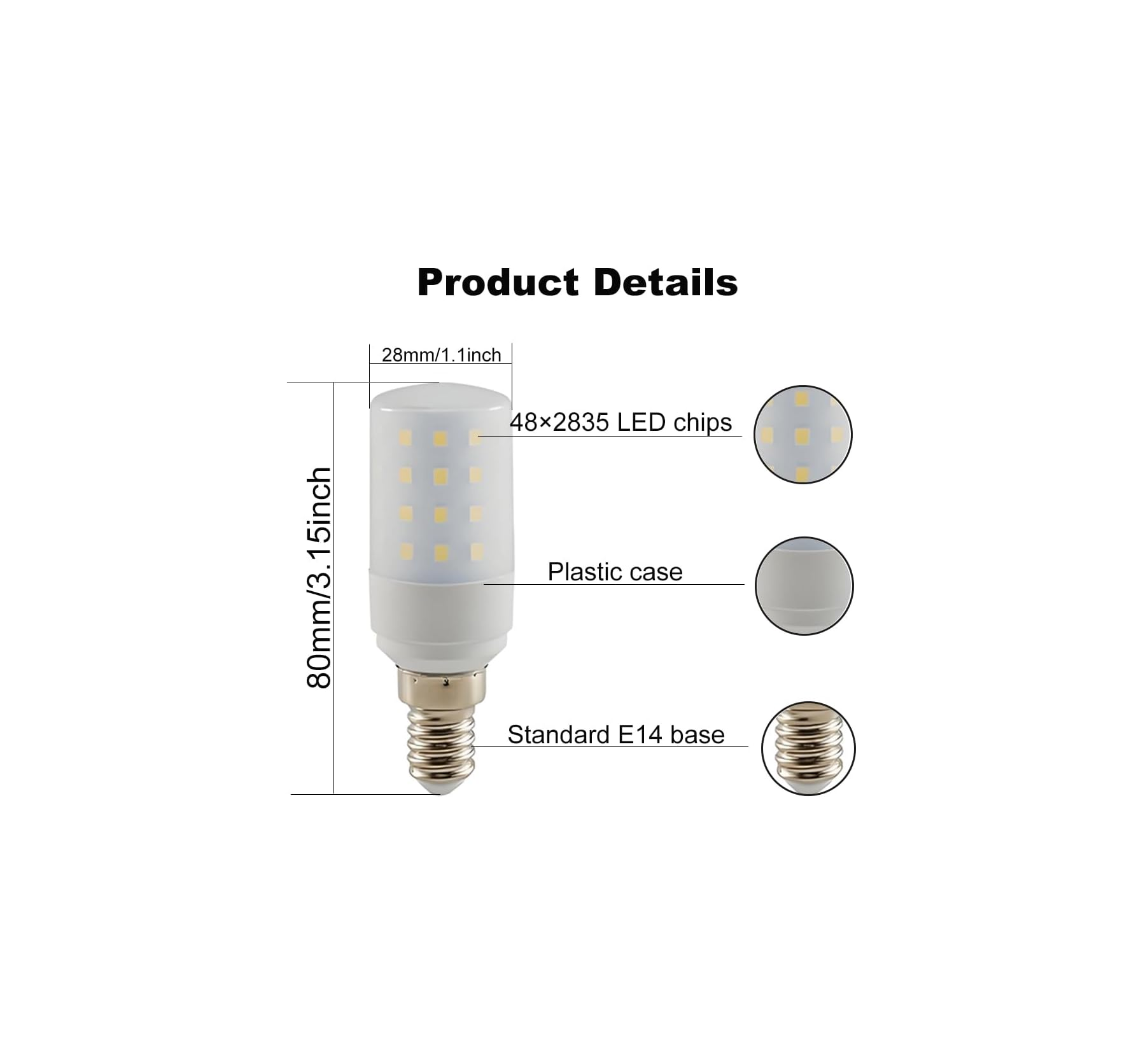 Produktdetails: 80mm hohe LED-Birne mit 48 LED-Chips, Kunststoffgehäuse, E14-Sockel.