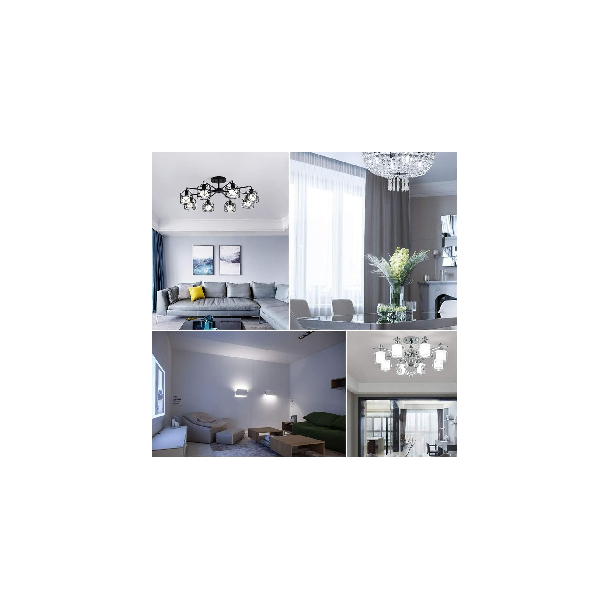 Vier Wohnbereiche mit modernen Lampen, Sofas, Tischen und Sesseln.