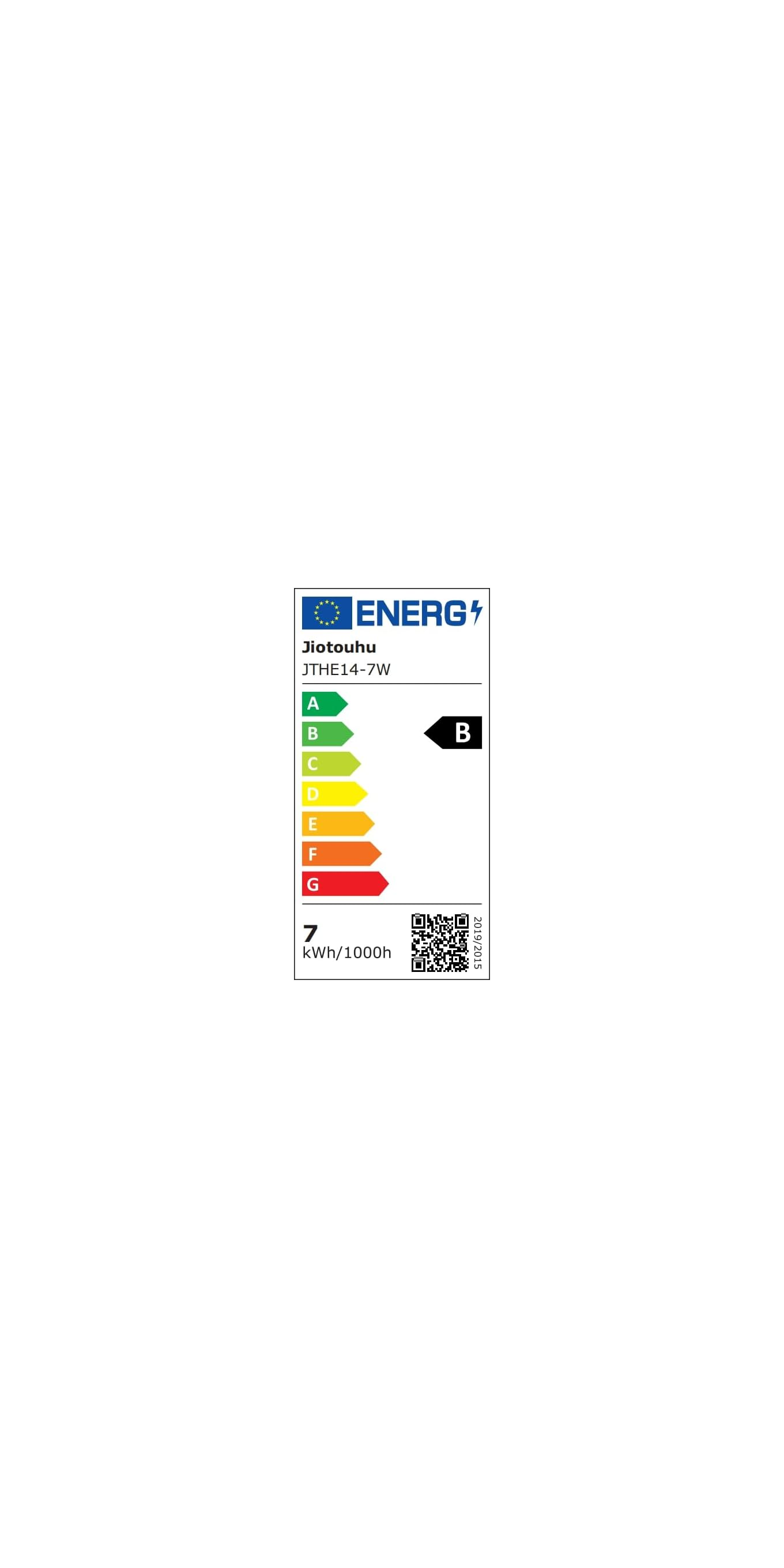 Energielabel für Jiotouhu JTHE14-7W. Energieeffizienzklasse B. 7 kWh/1000h.