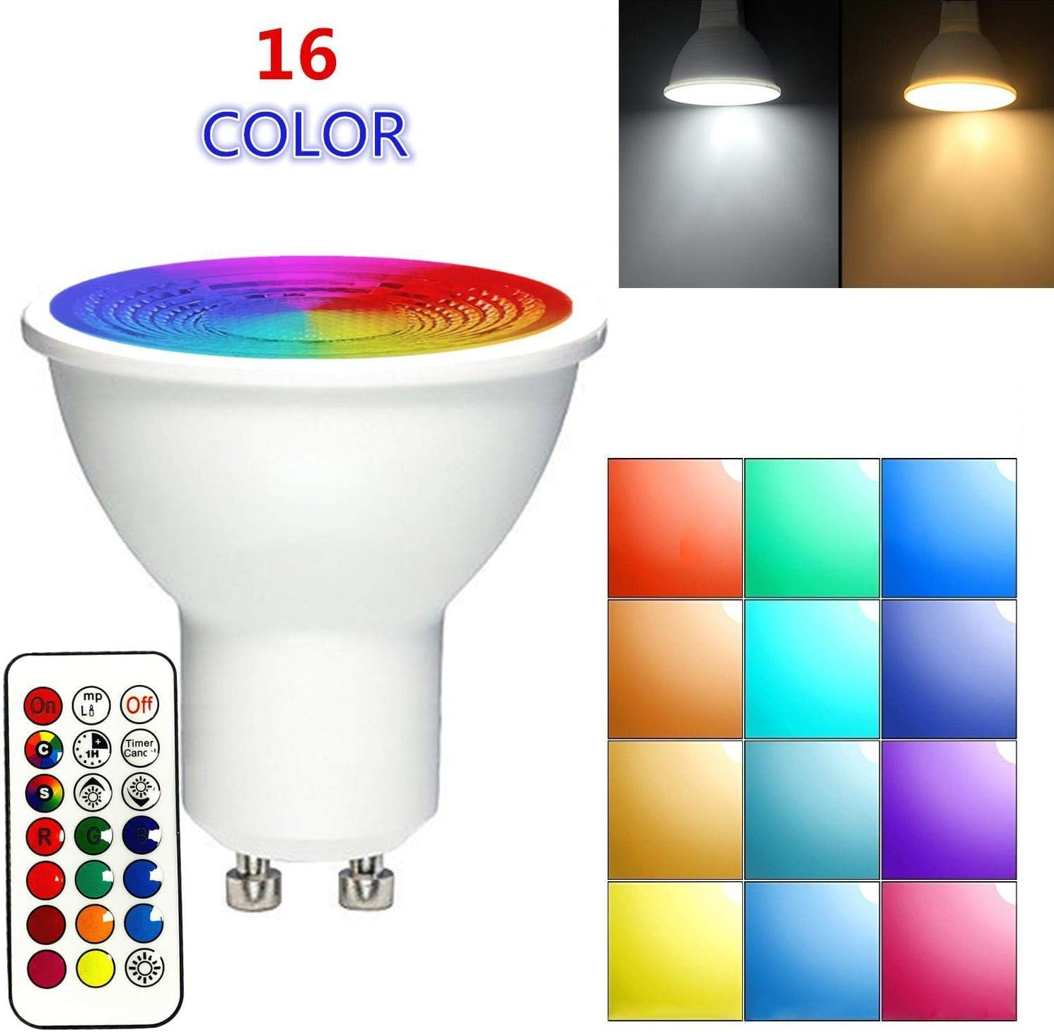 Farbwechsel-LED-Lampe mit Fernbedienung, zeigt 16 Farben.