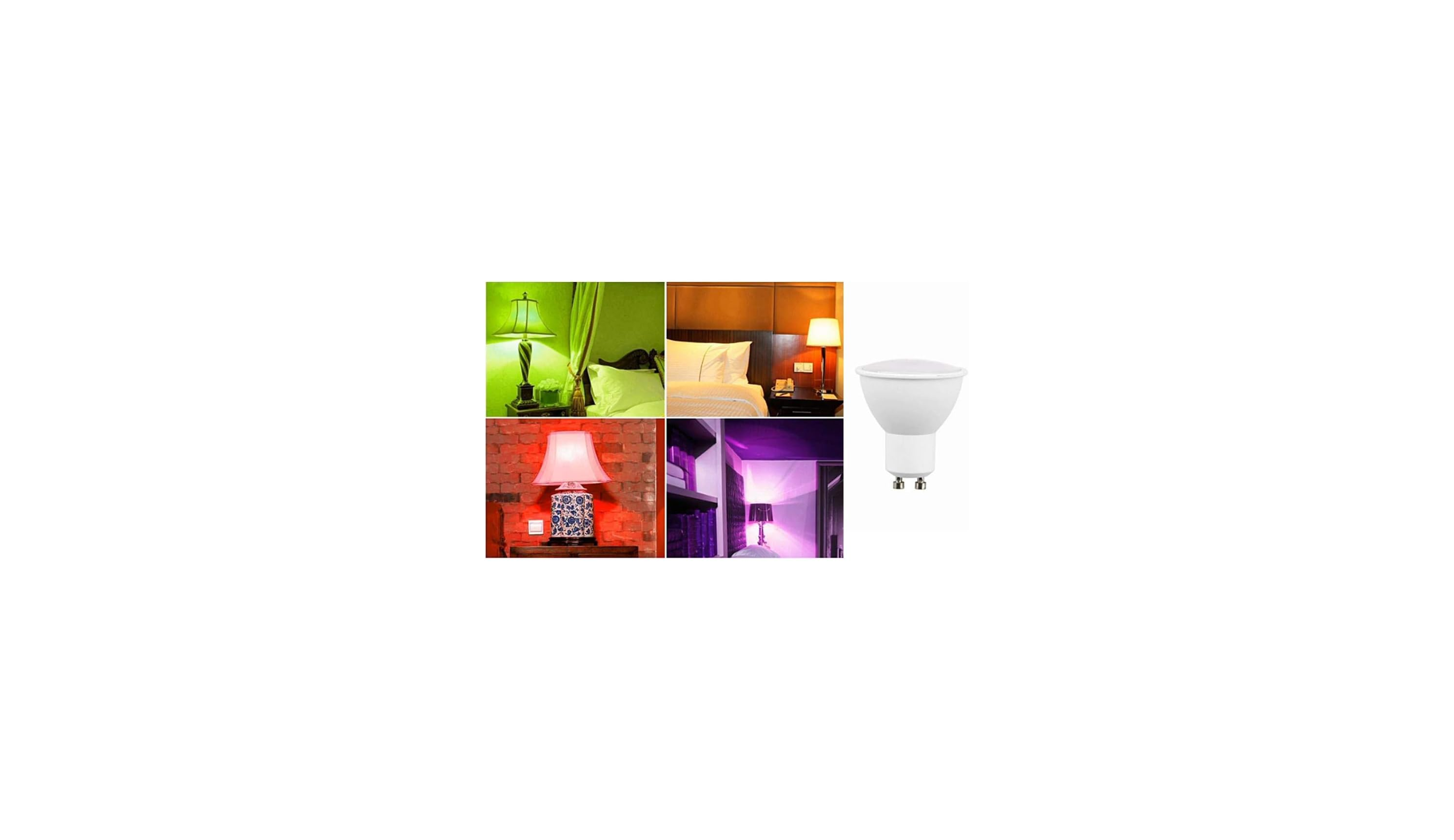 Eine Collage aus vier Bildern zeigt Lampen in verschiedenen Farben und ein Licht." "de"