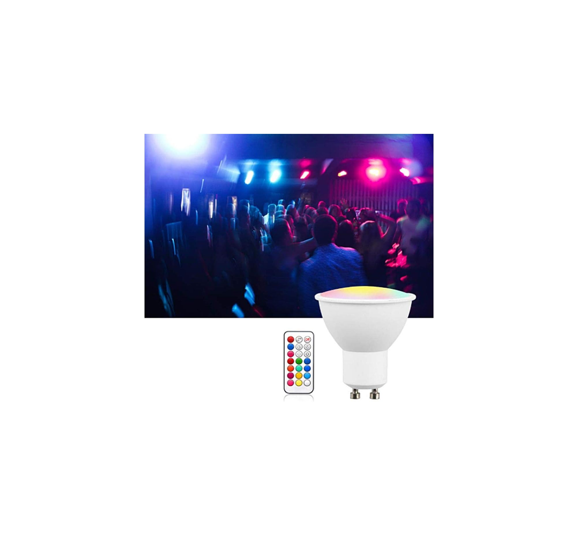 Eine LED-Lampe mit Fernbedienung vor einer tanzenden Menge bei Nacht.