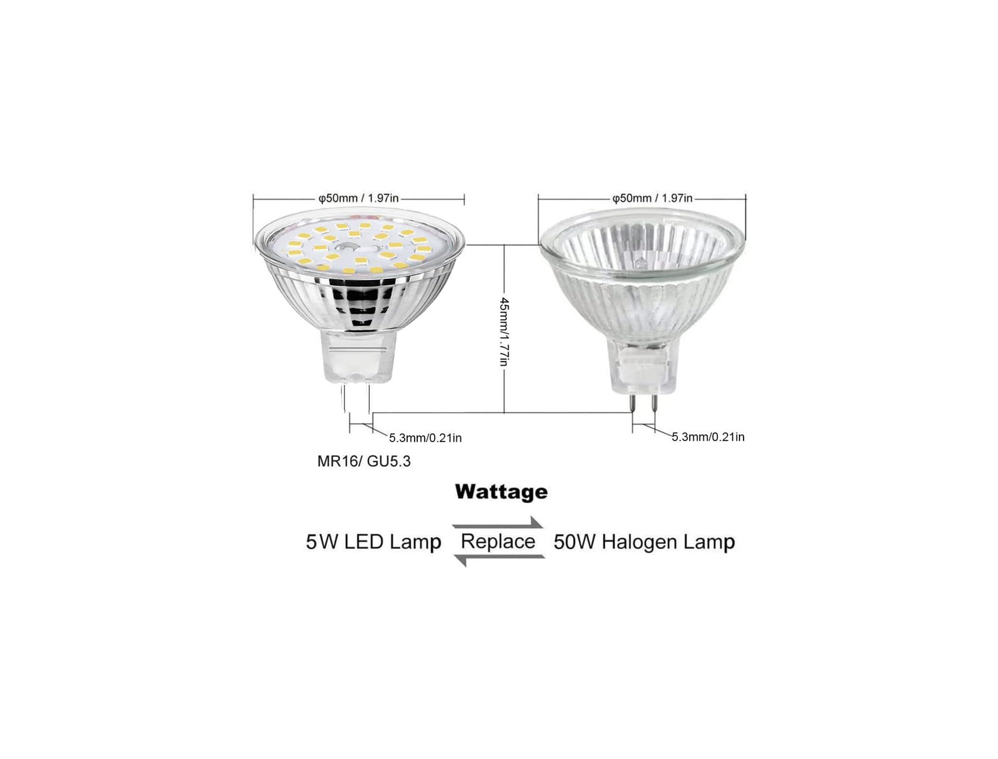 Vergleich von LED- und Halogenlampen mit Maßen.