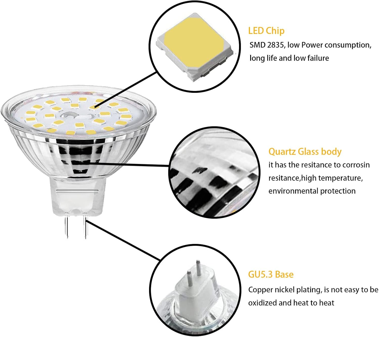 LED-Lampe mit GU5.3-Sockel, Quarzkörper und SMD 2835 Chip.