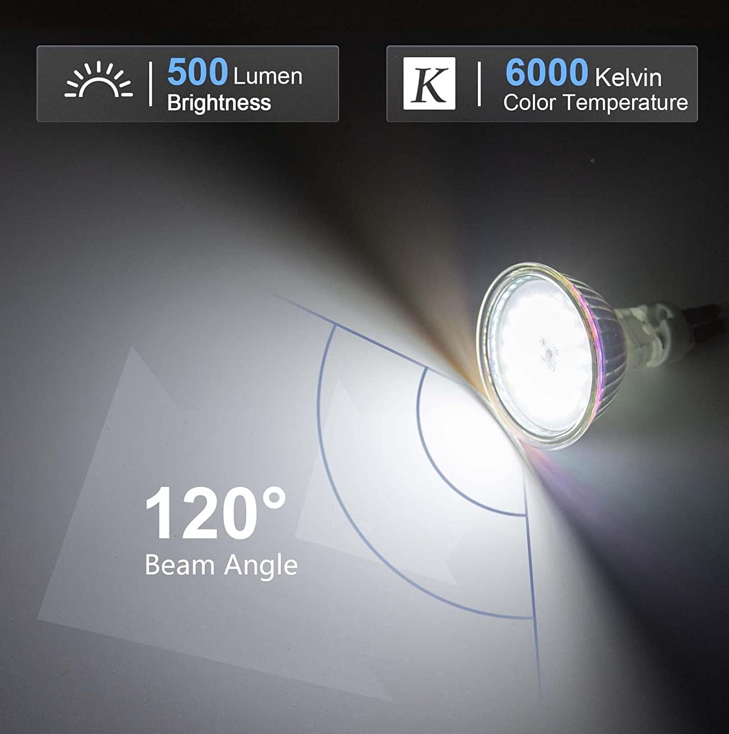 Ein heller Spot mit 500 Lumen, 6000K Farbtemperatur und 120° Abstrahlwinkel.