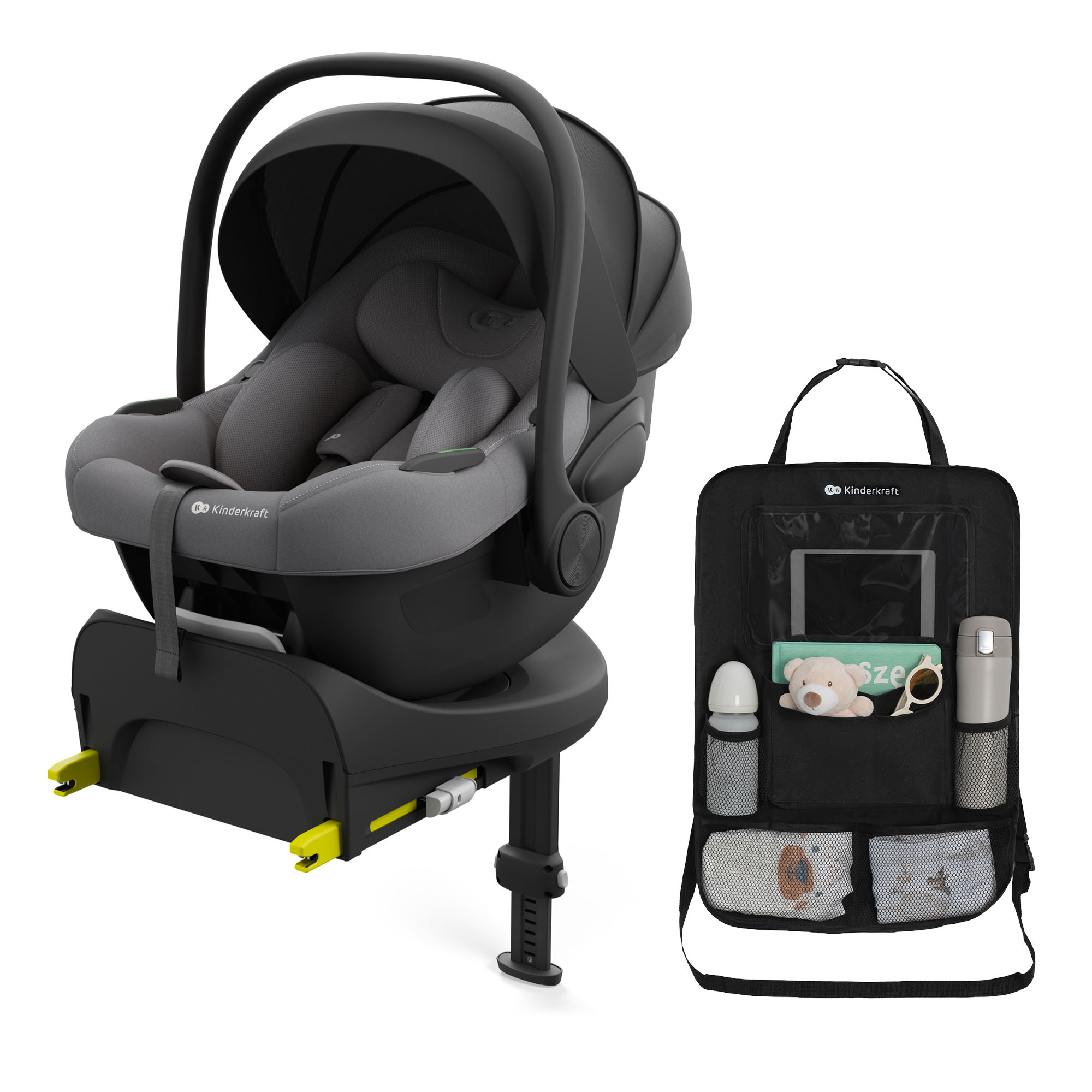 Ein Kindersitz mit Basis und eine schwarze Rücksitztasche mit Fächern.