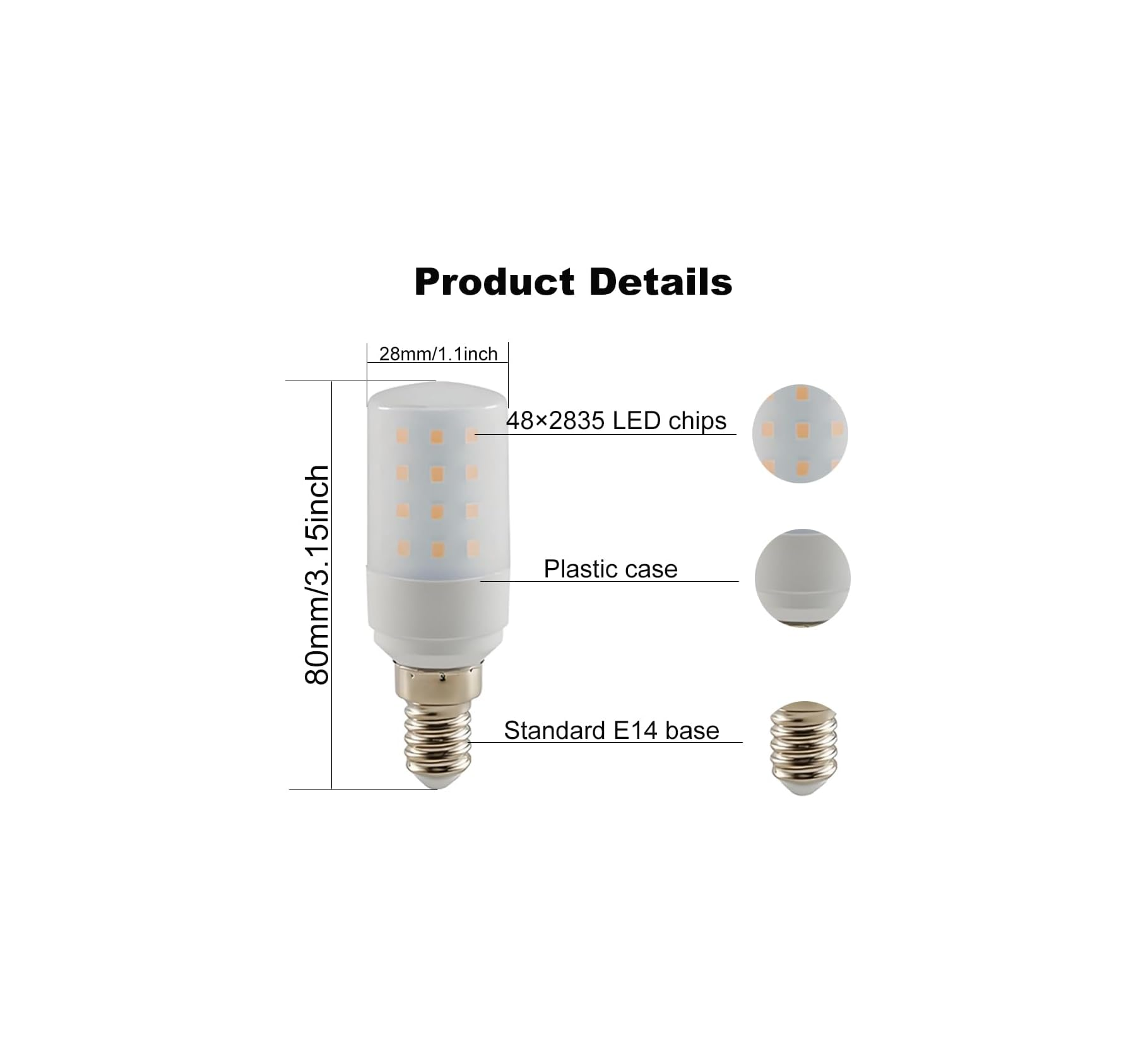 LED-Lampe, 80mm lang, 28mm breit, mit 48 LEDs und E14-Sockel.