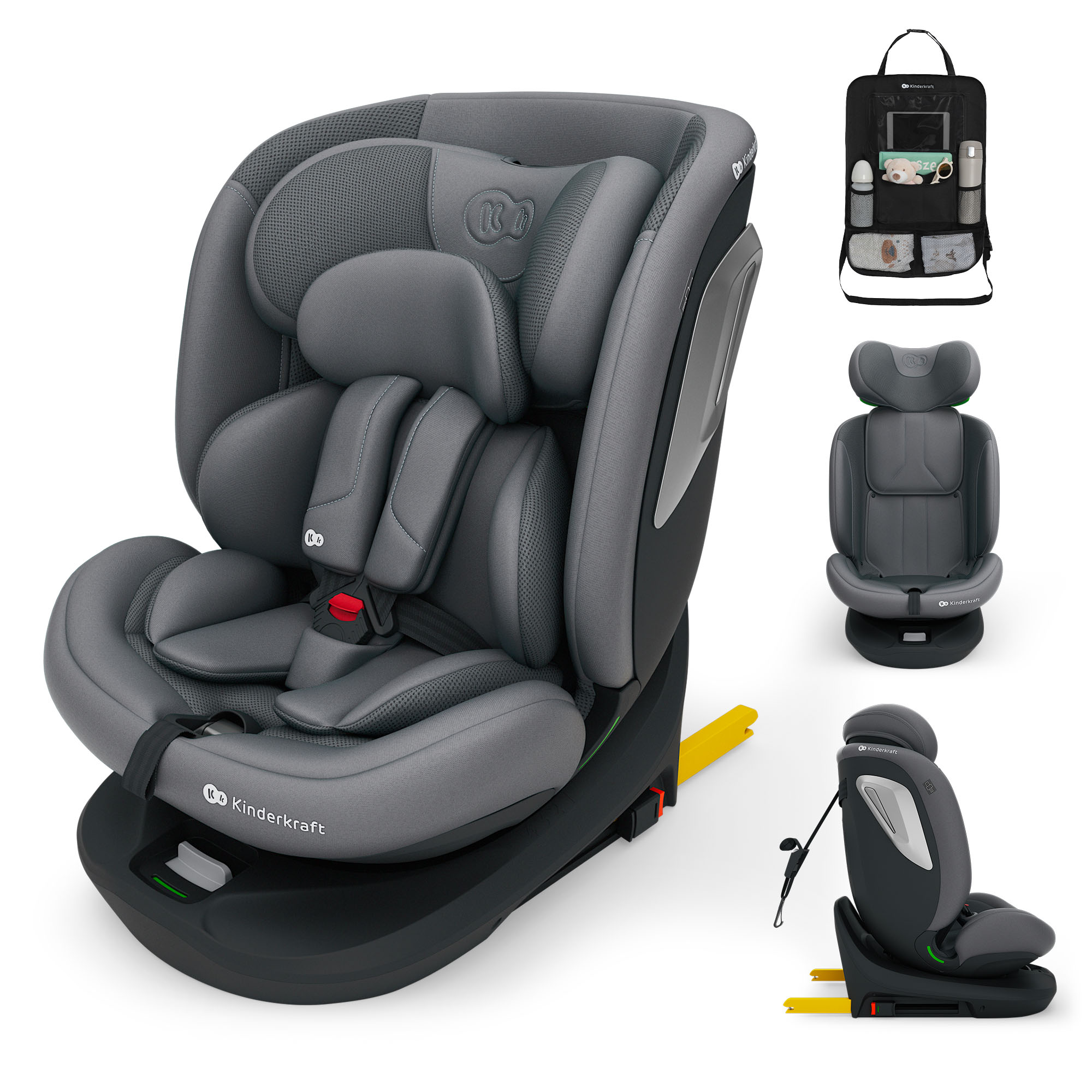 Grauer Kindersitz mit Schnallen und einem Organizer für das Auto.