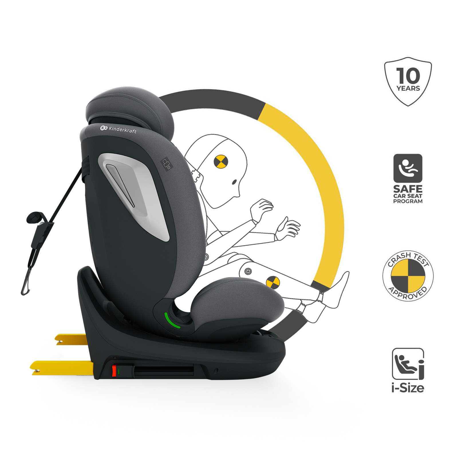 Grauer Kinderkraft Autositz mit Crashtest-Puppe, 10 Jahre, Sicheres Kindersitzprogramm, i-Size.