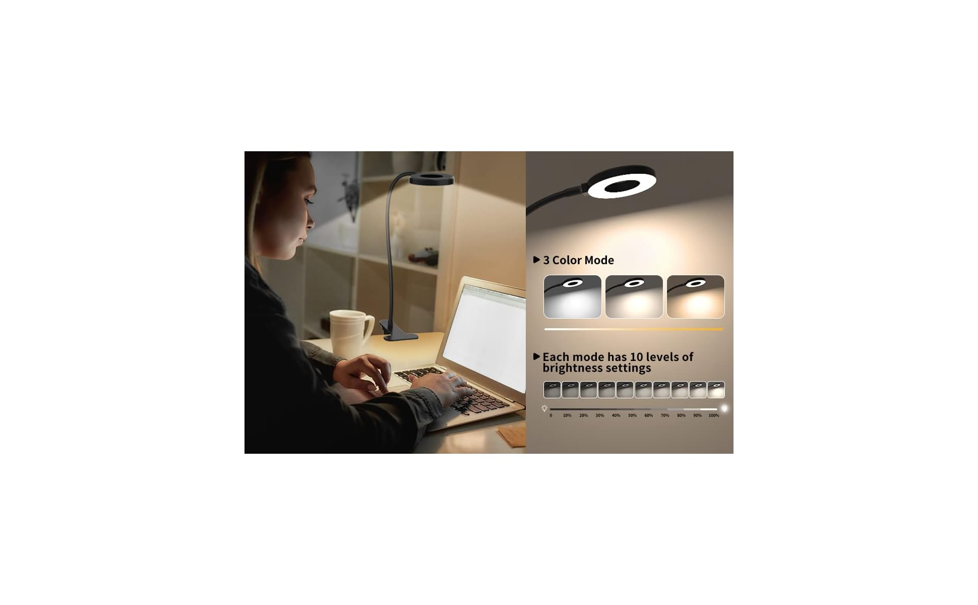 Eine Frau tippt auf einem Laptop, während eine Schreibtischlampe leuchtet.