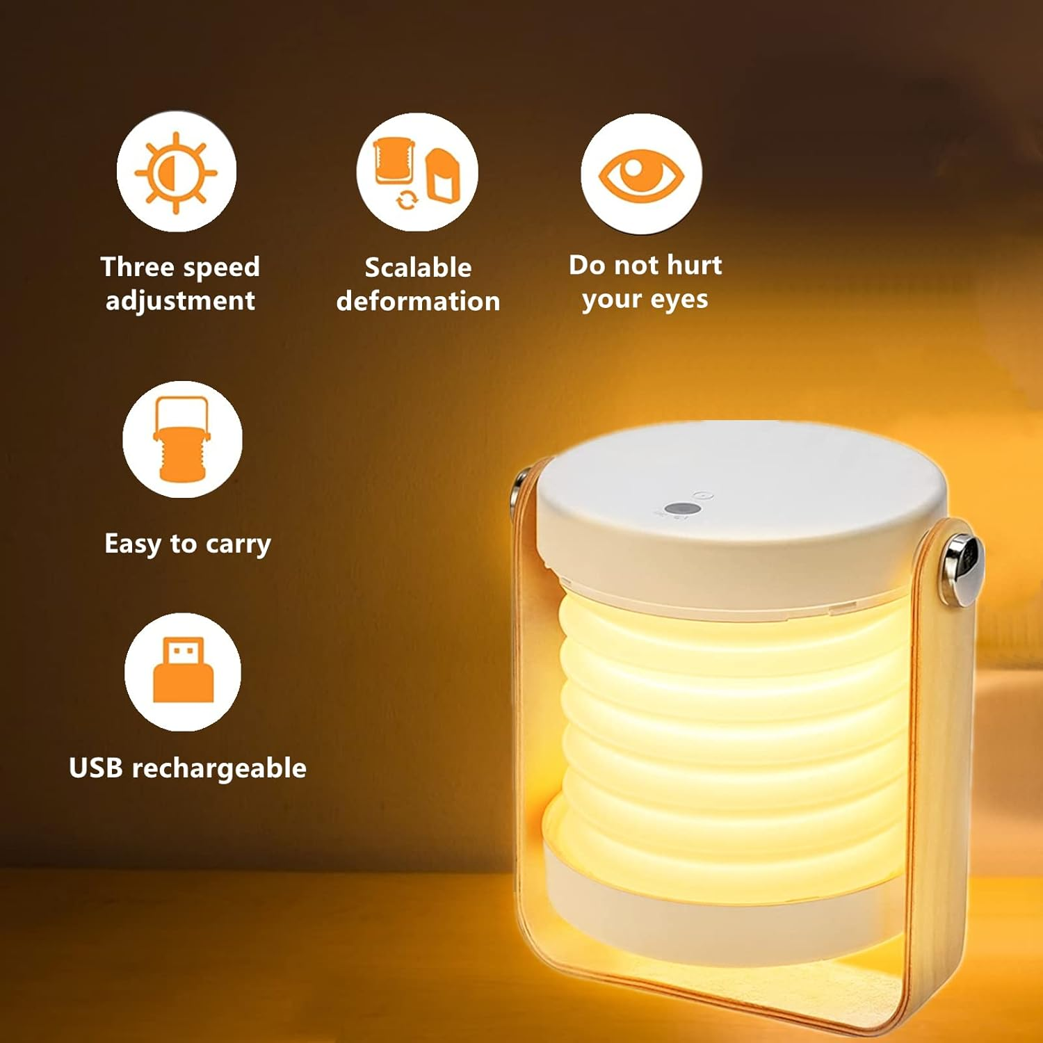 Eine tragbare, faltbare LED-Laterne mit Holzrahmen, einstellbarer Helligkeit und USB-Aufladung.