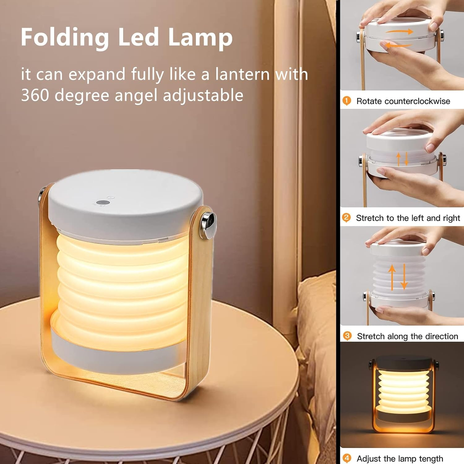 Ein weißer, faltbarer LED-Lampen-Lantern-Ständer mit Holzgriffen, auf einem Tisch.