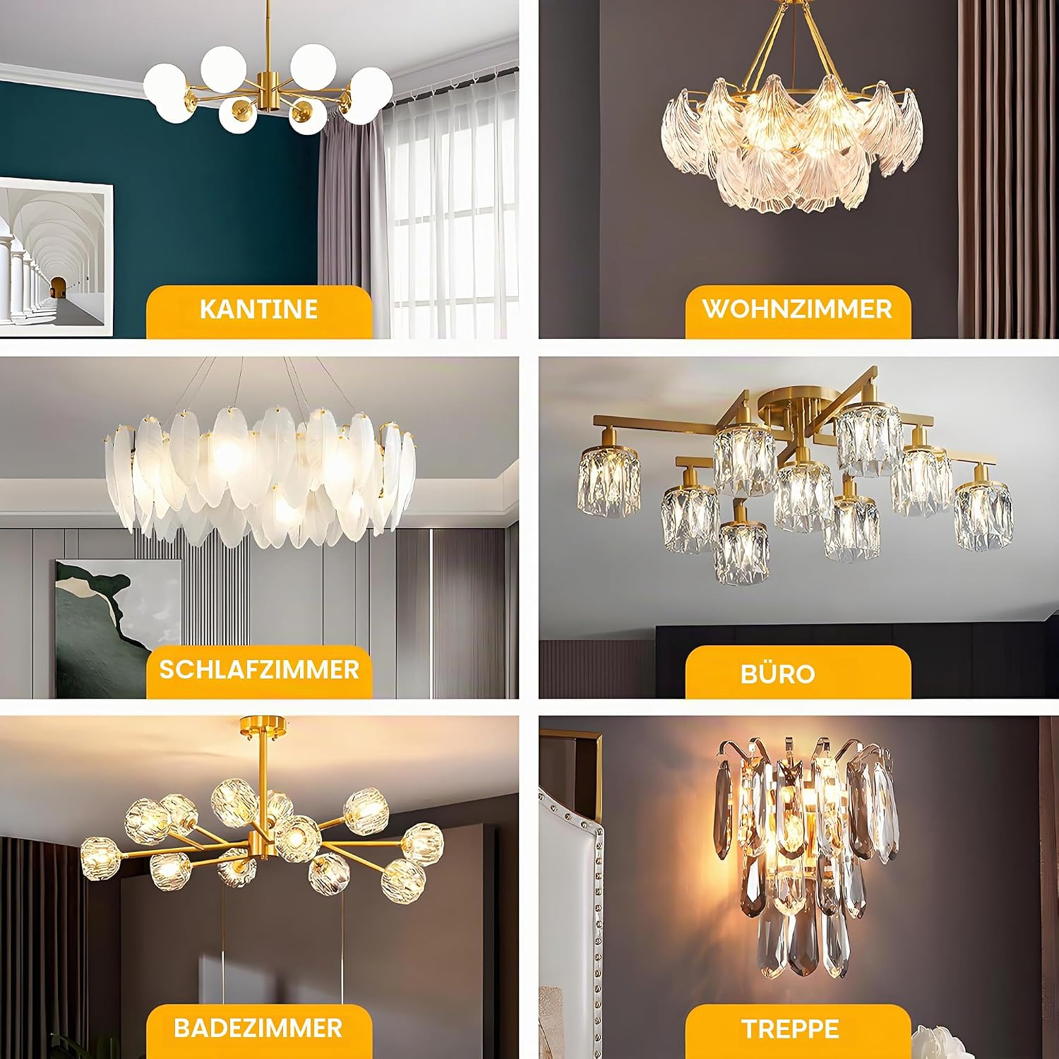 Sechs runde weiße Lampen an einem goldenen Armleuchter in einem Speisesaal.