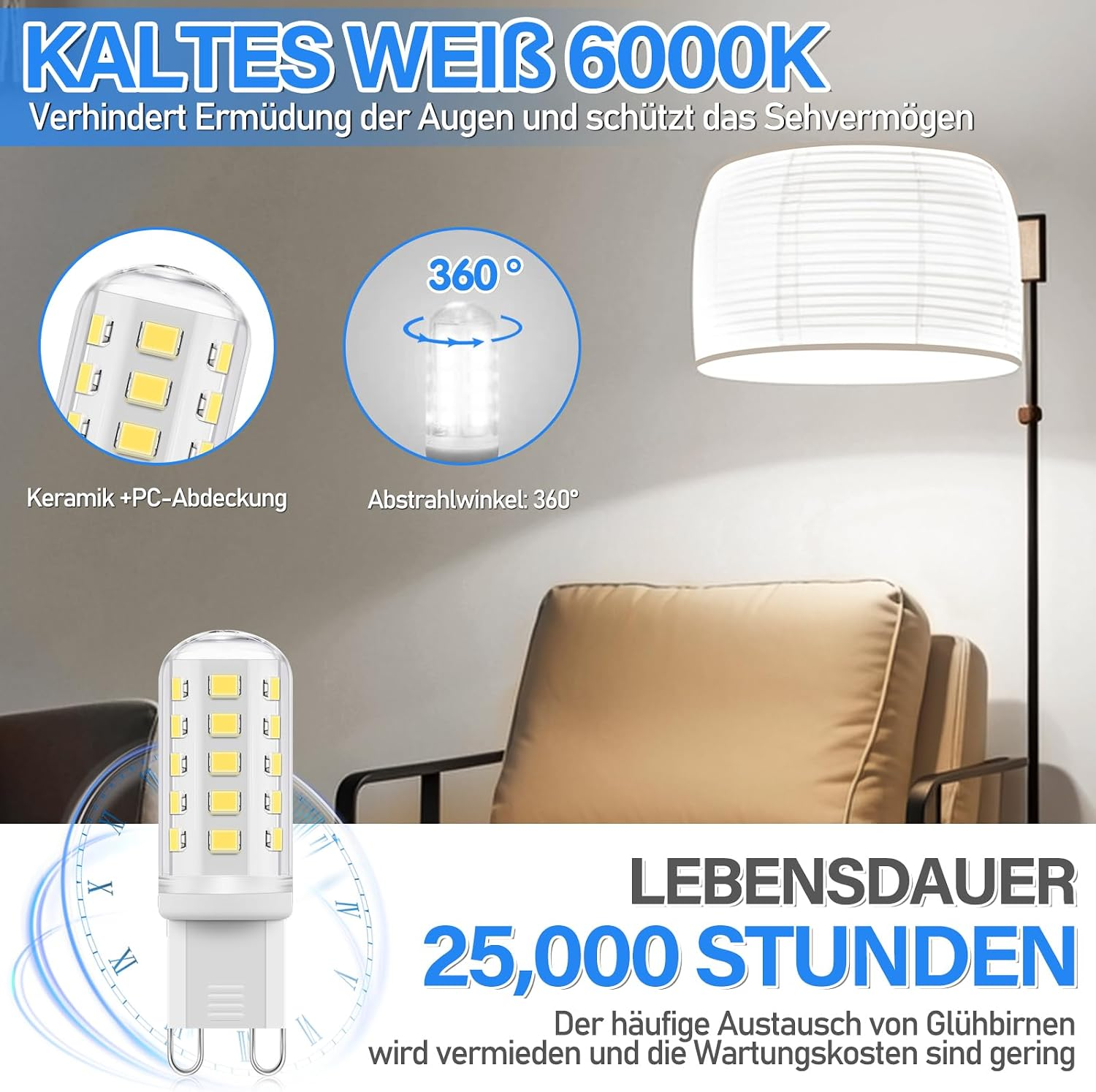 LED-Lampe mit 6000K Kaltweiß, 360° Abstrahlwinkel, lange Lebensdauer.
