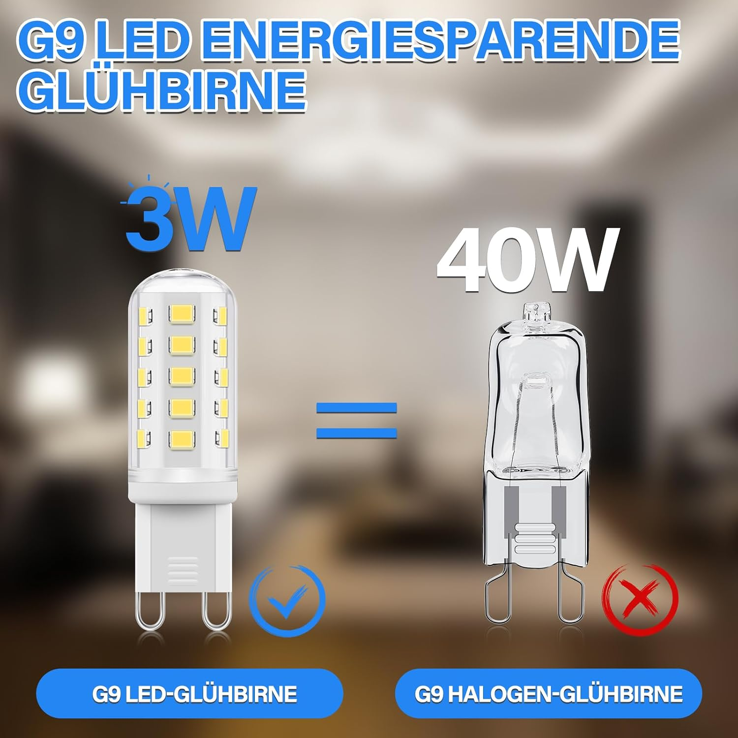 G9 LED 3W vs. G9 Halogen 40W Glühbirne Vergleich.
