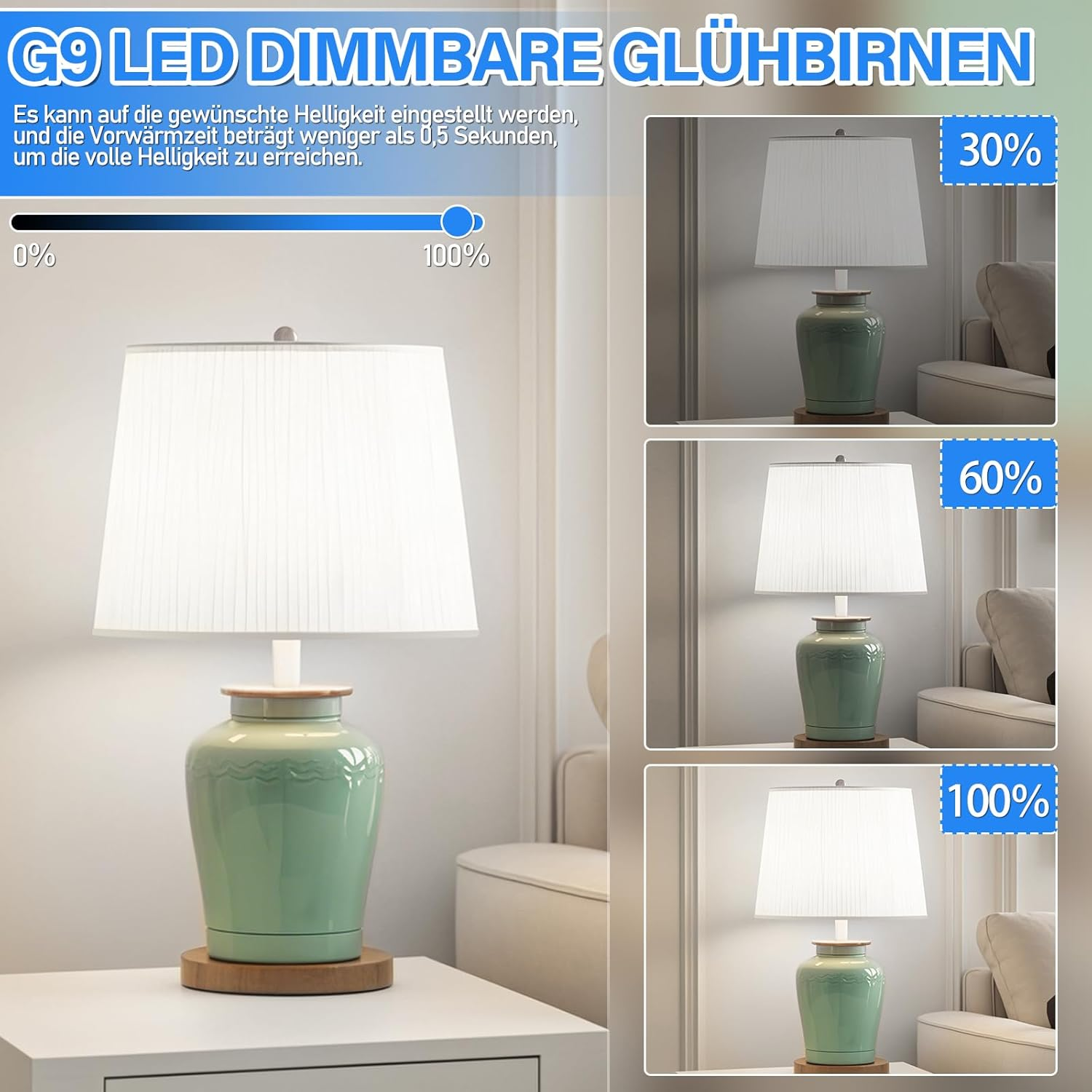 Grüne Lampe mit verstellbarer Helligkeit in drei Stufen, 30%, 60%, 100%.