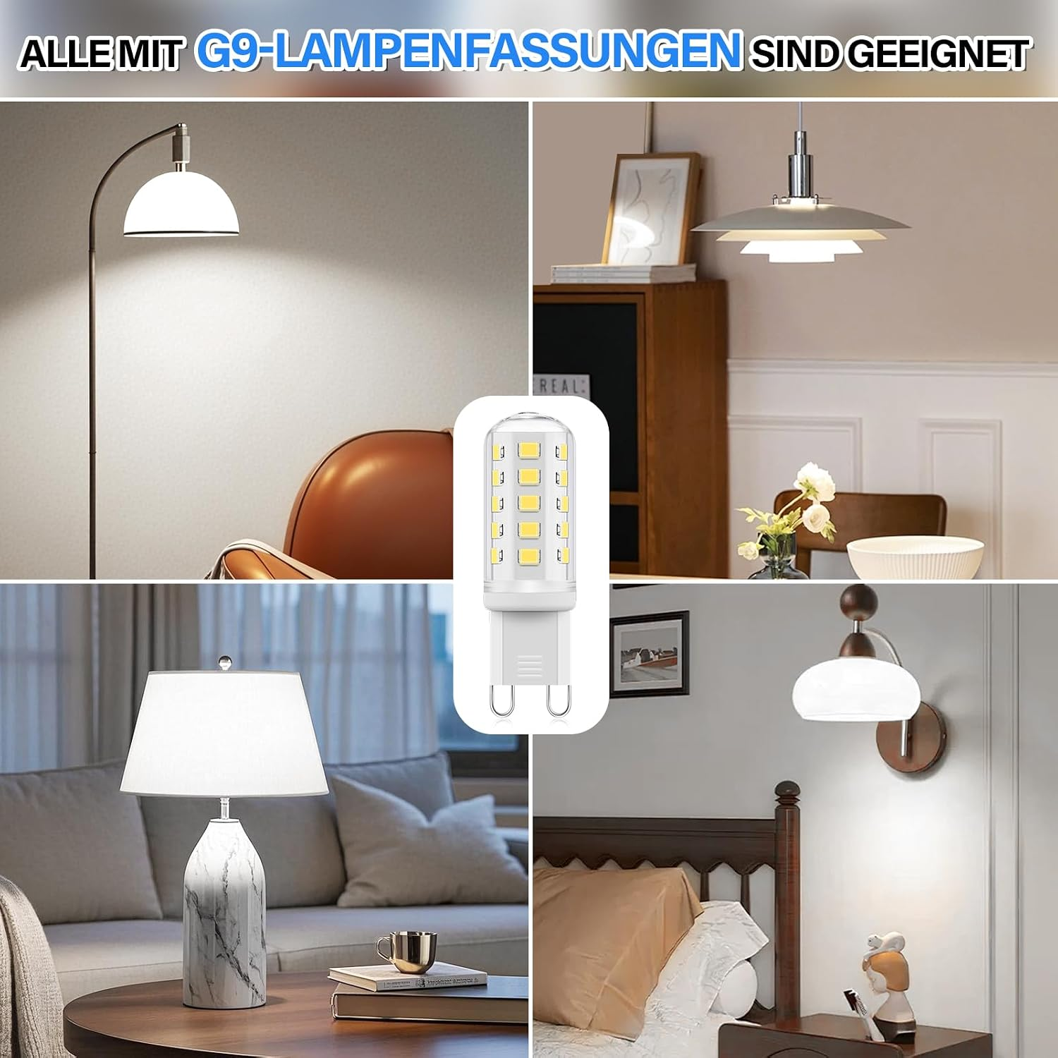 Vier Lampen und eine G9-Glühbirne auf weißem Hintergrund.