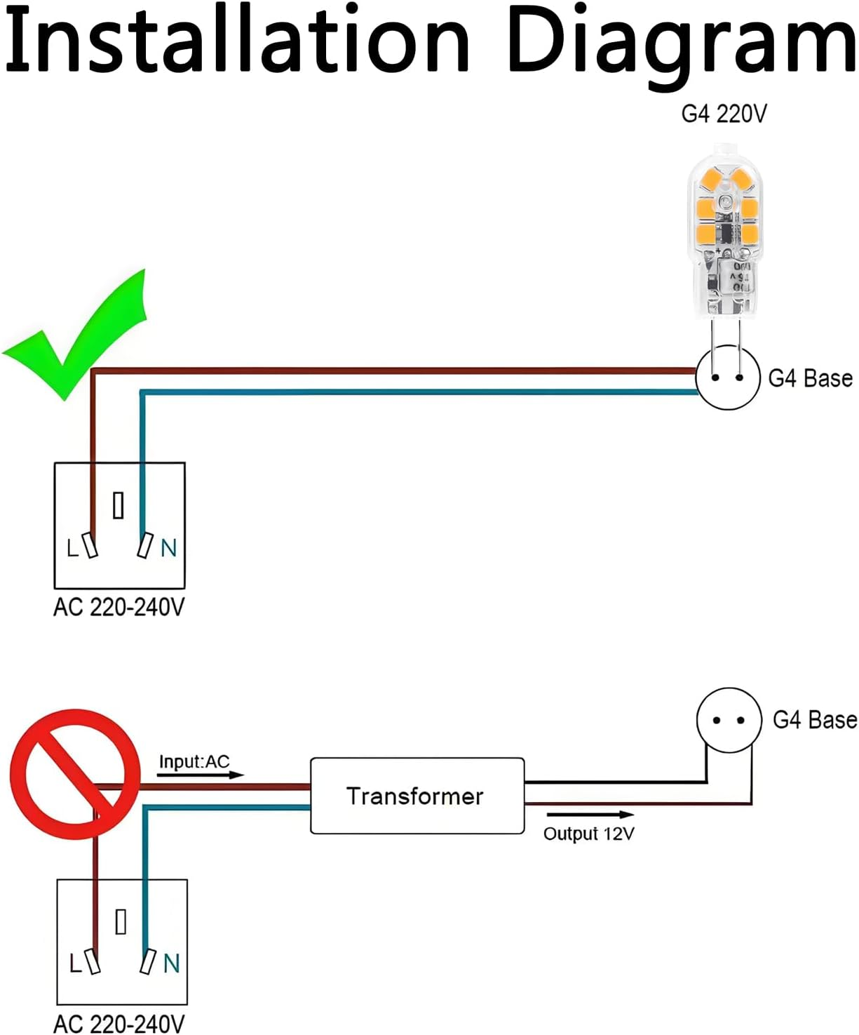 Installationsschema: 220V-Glühbirne mit oder ohne Transformator für 12V.