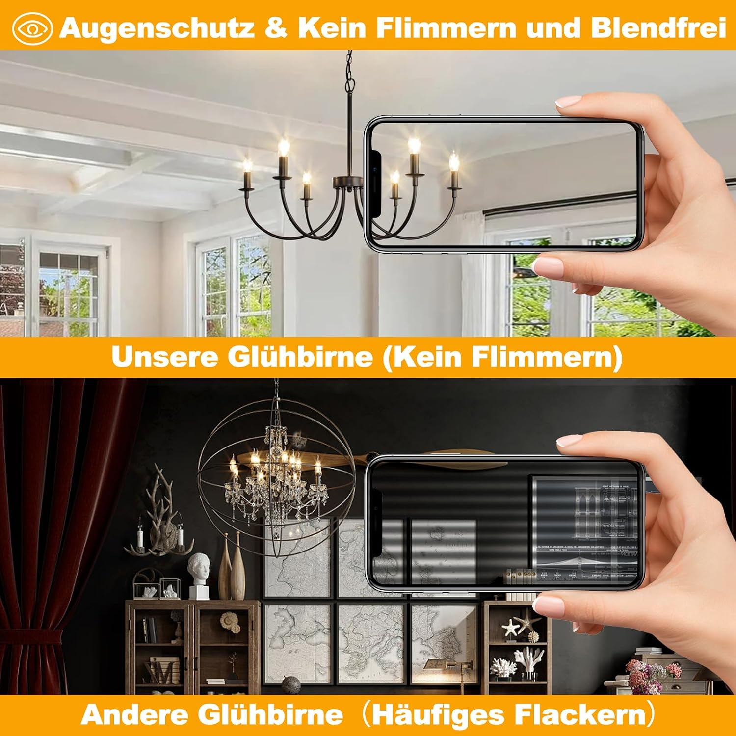 Vergleich von Glühbirnen: eine blendfreie, die andere flackernd.