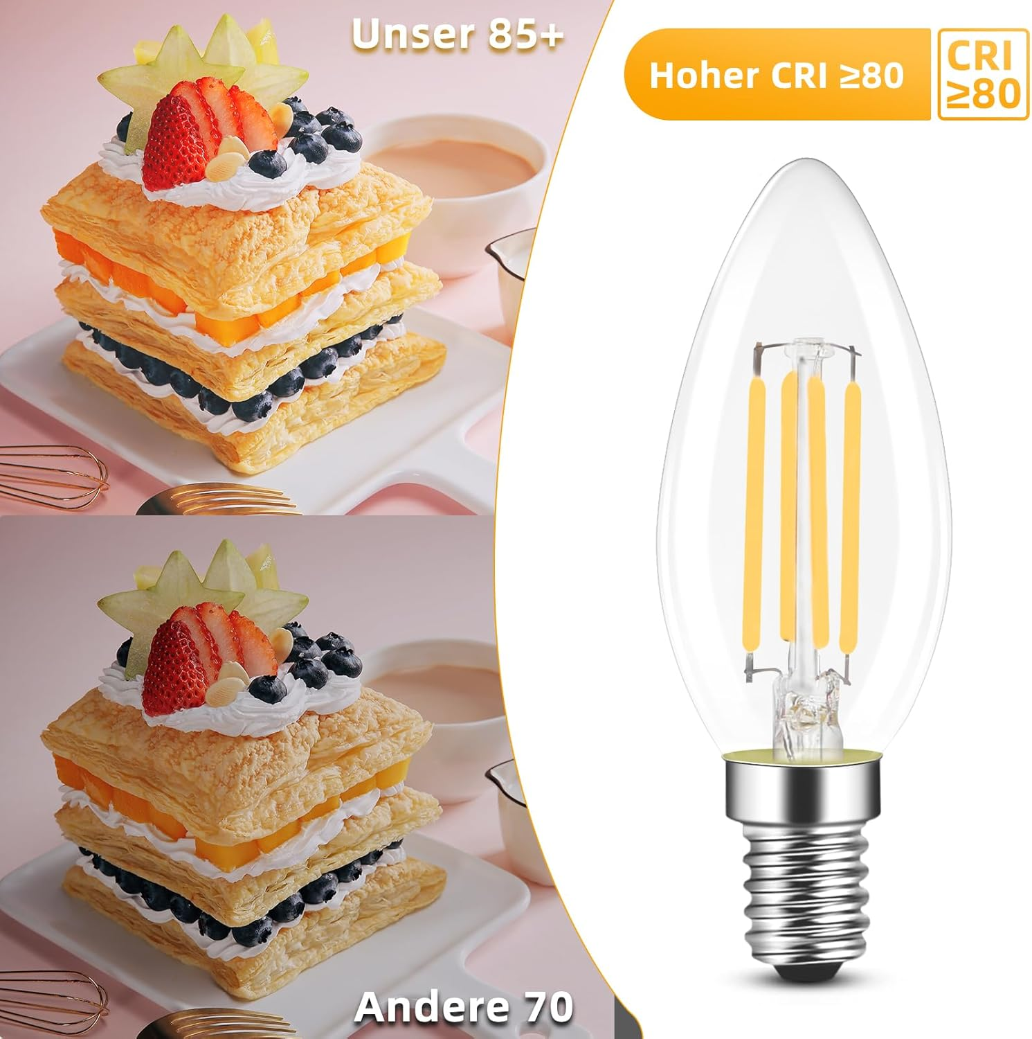 Ein geschichteter Kuchen mit Beeren, Sternfrucht und Sahne neben einer Glühbirne.
