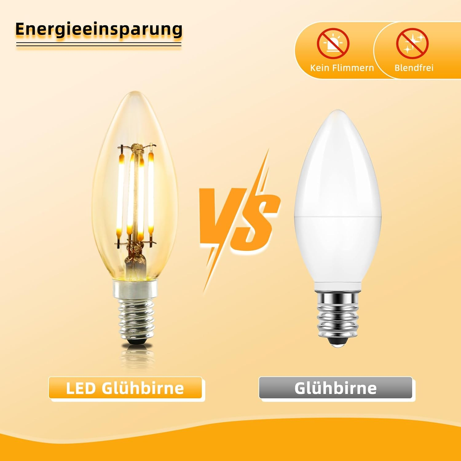 Vergleich von LED- und Glühbirne mit Text 'Energieeinsparung'.