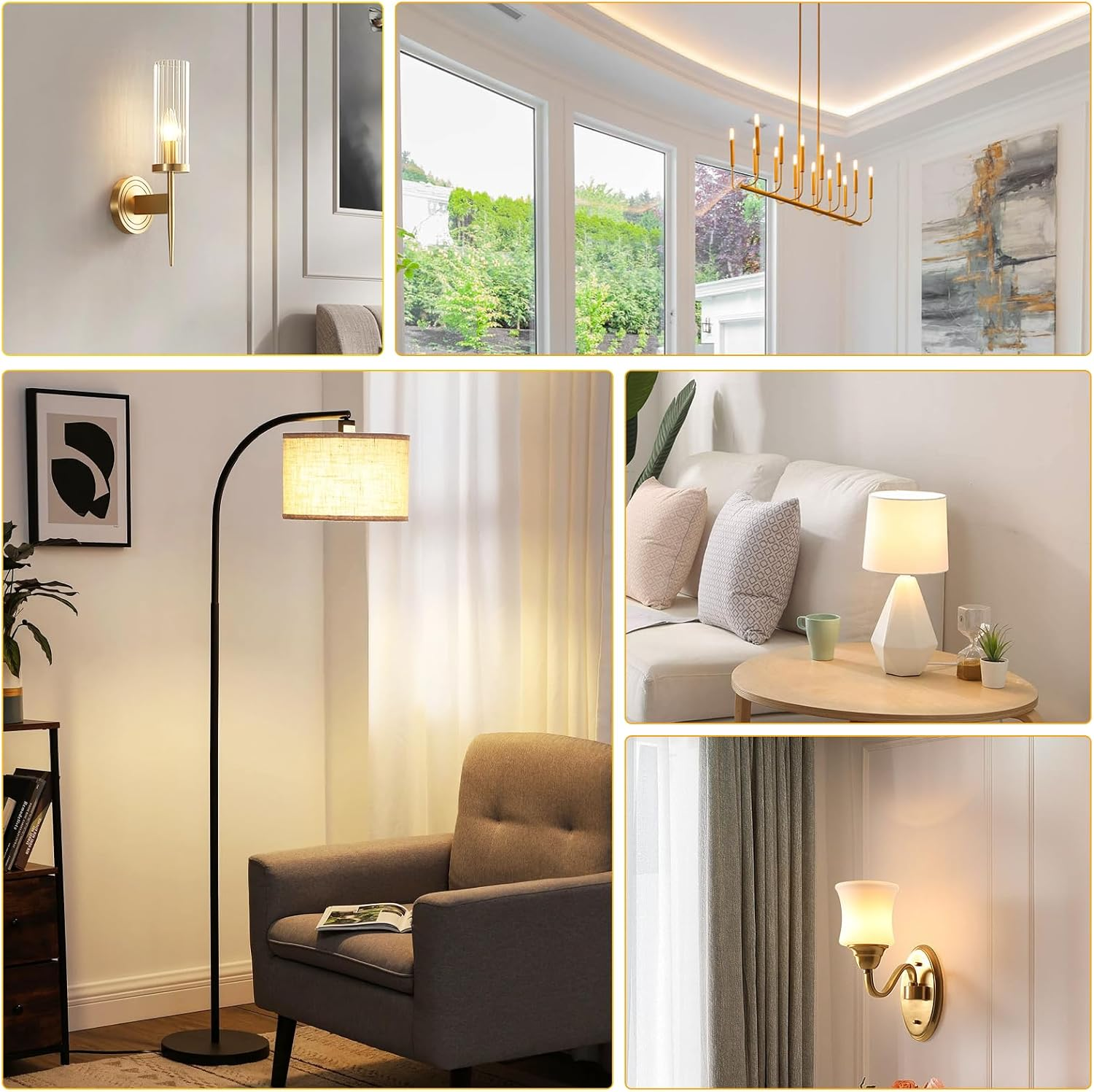 Collage moderner Beleuchtung: Wandleuchte, Kronleuchter, Stehleuchte, Tischlampe, Wandlampe.