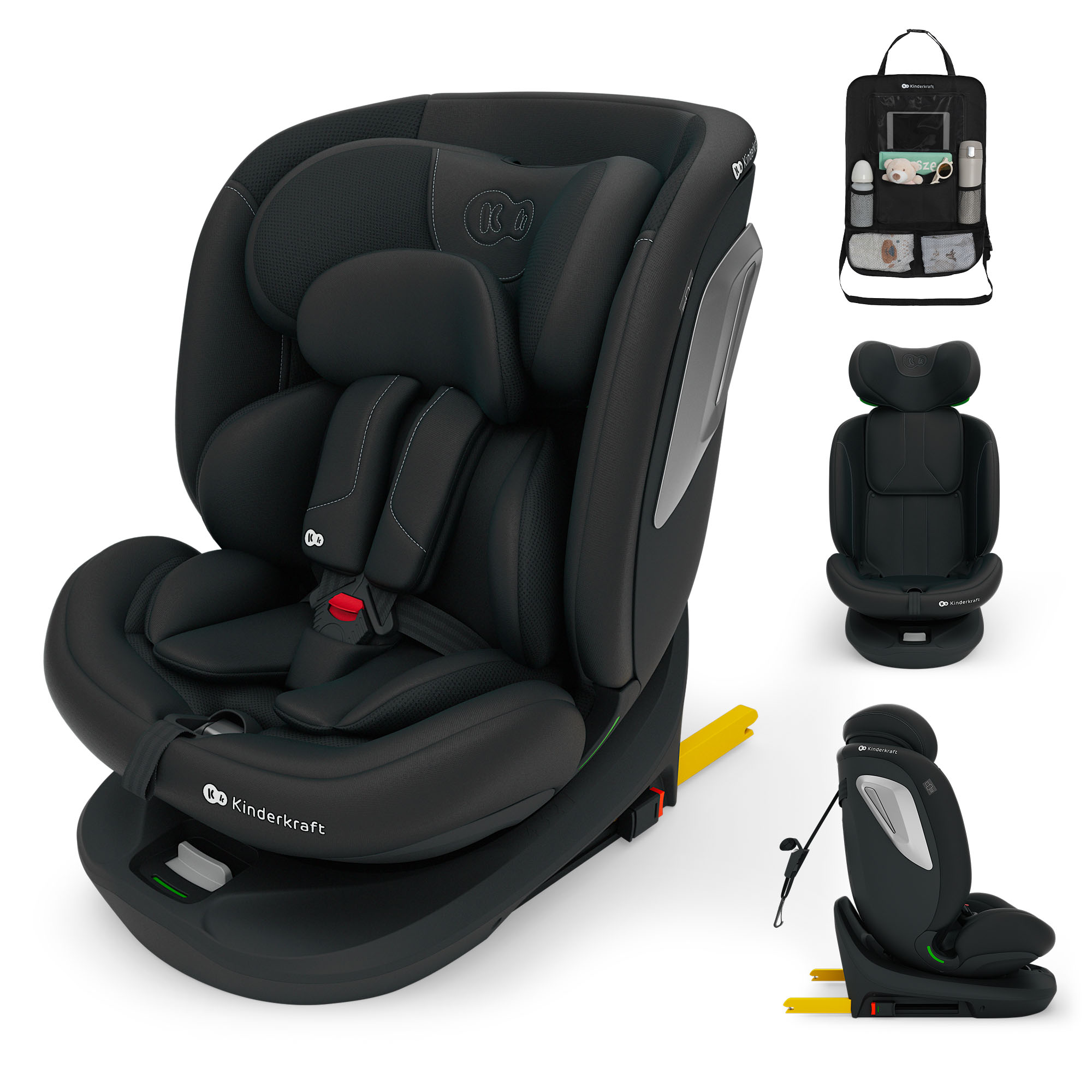 Schwarzer Kindersitz mit Kopfstütze und Organizer für das Auto.