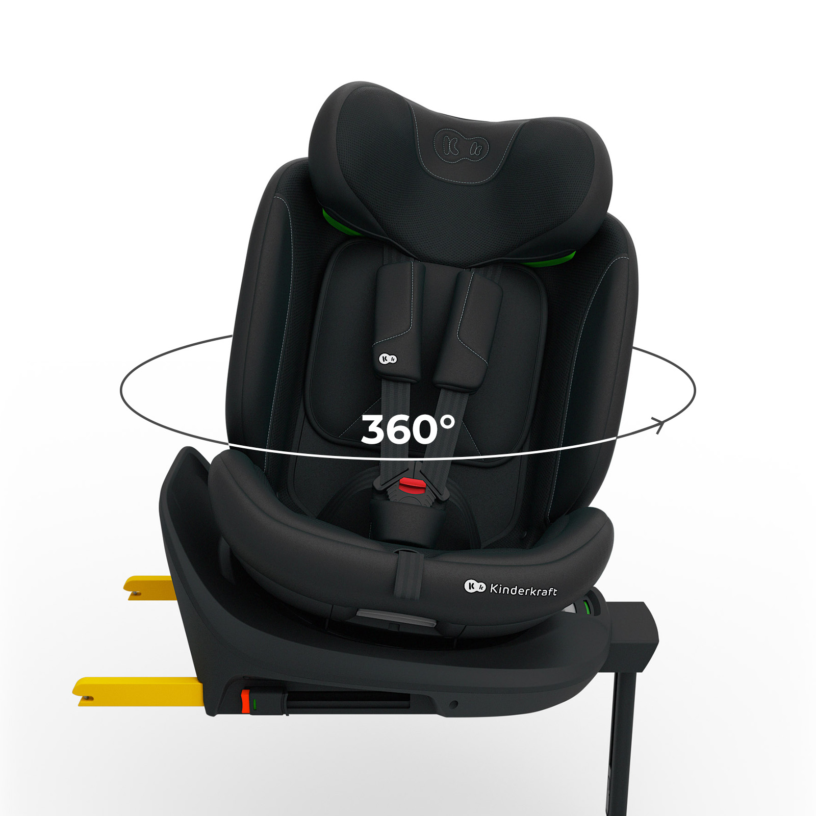 Schwarzer Kindersitz mit 360°-Drehung, grünem Akzent und Isofix-Basis.