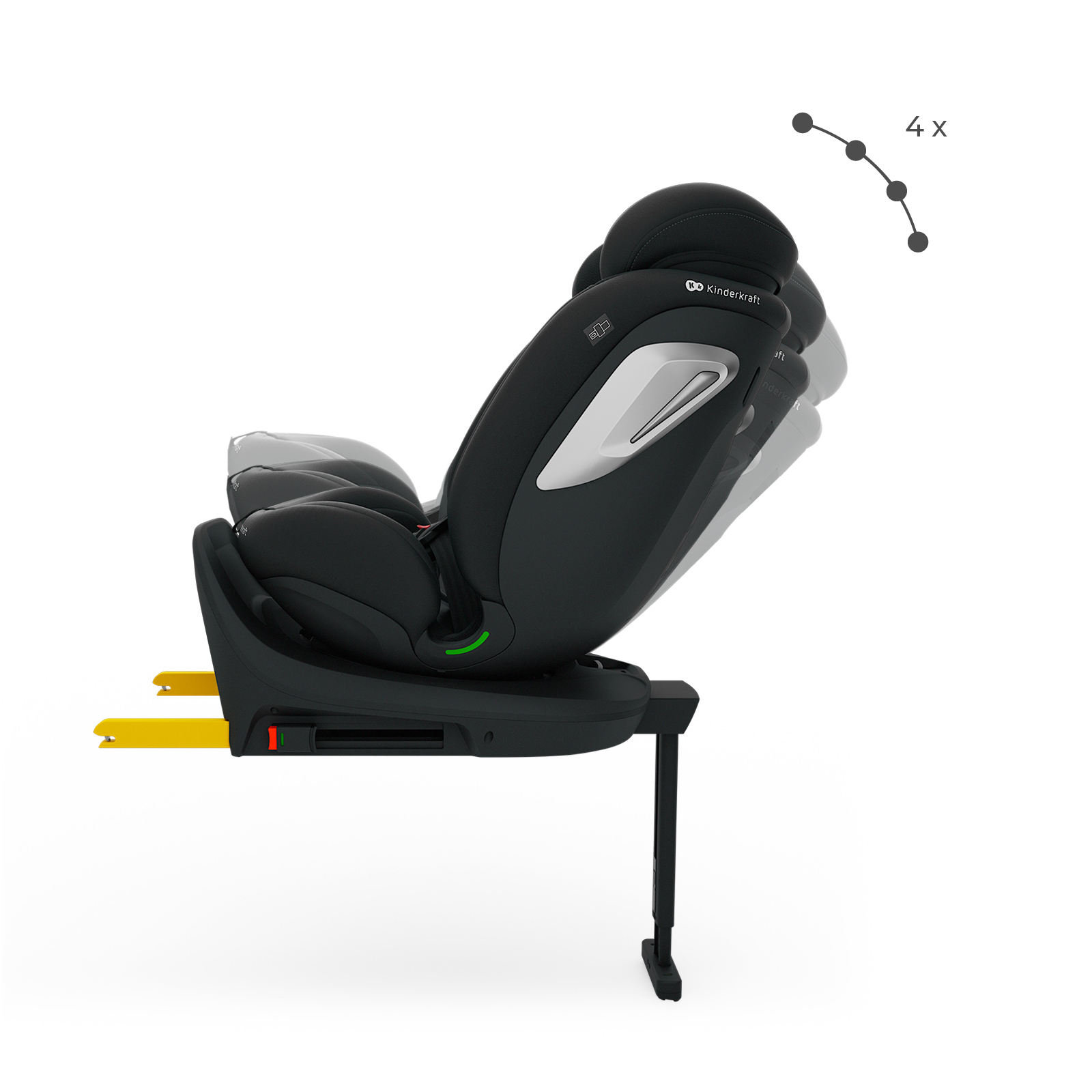 Schwarzer Kindersitz mit Isofix-Haken und verstellbarer Rückenlehne. 4x.