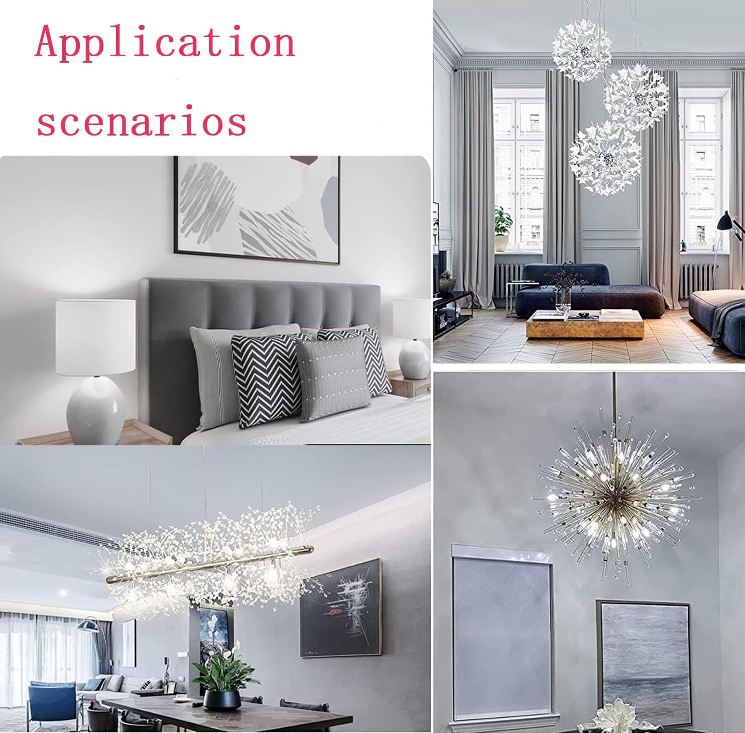 Collage moderner Innenraumanwendungen: Schlafzimmer-, Wohnzimmer-, Esszimmer- und Eingangsbereichsleuchten.