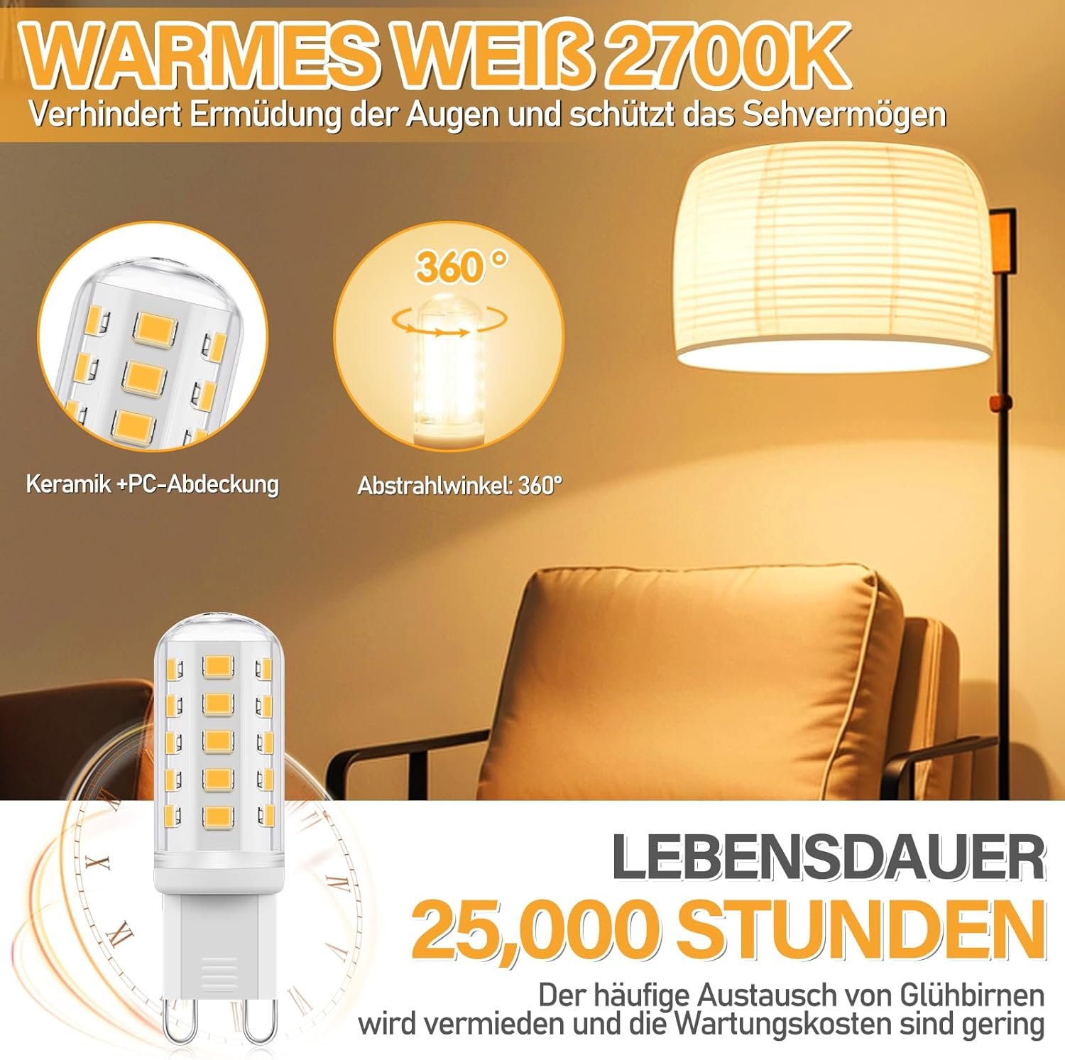 LED-Lampe mit 2700K warmweißem Licht, 360° Abstrahlung, 25.000 Std. Lebensdauer.