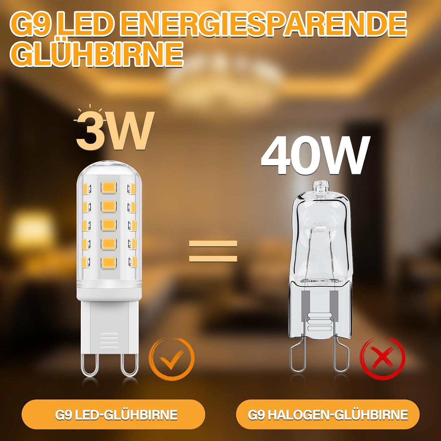 Vergleich von G9 LED mit 3W und G9 Halogen mit 40W.
