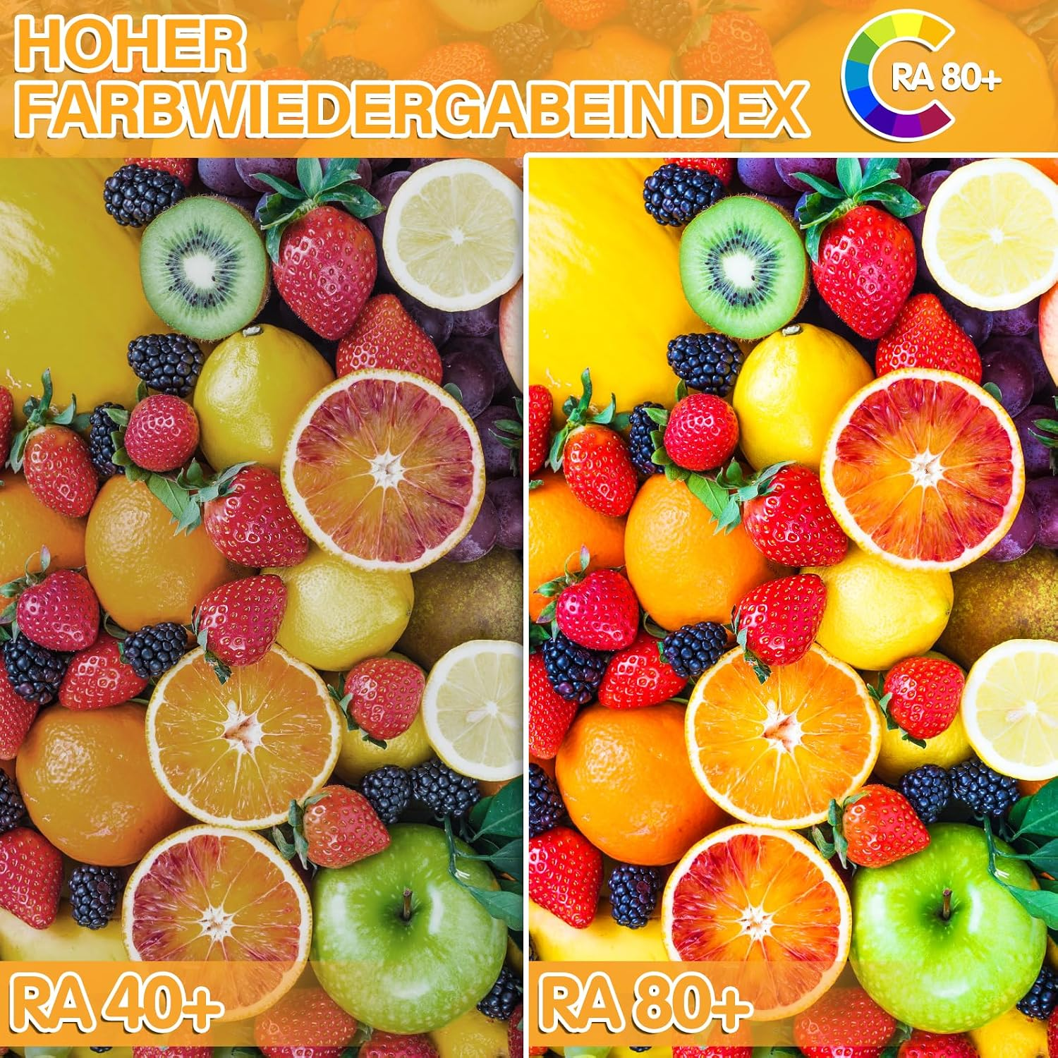 Früchte zeigen RA 40+ links und RA 80+ rechts mit Farbvergleich.
